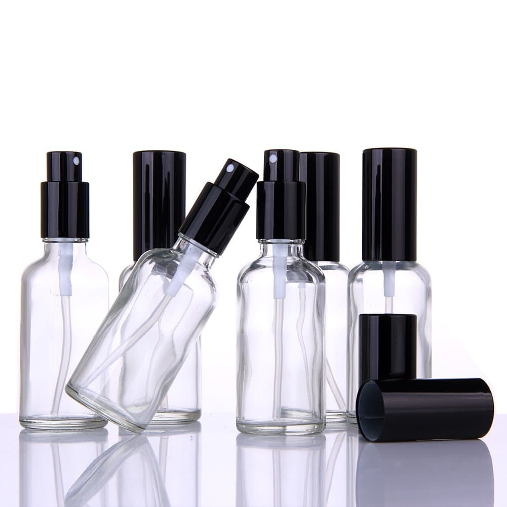 Small Clear Glass Spray Bottles for Aromatherapy Essential Oils – Refillable 2 oz Fine Mist Sprayers with black Tops, 6 PACK Set