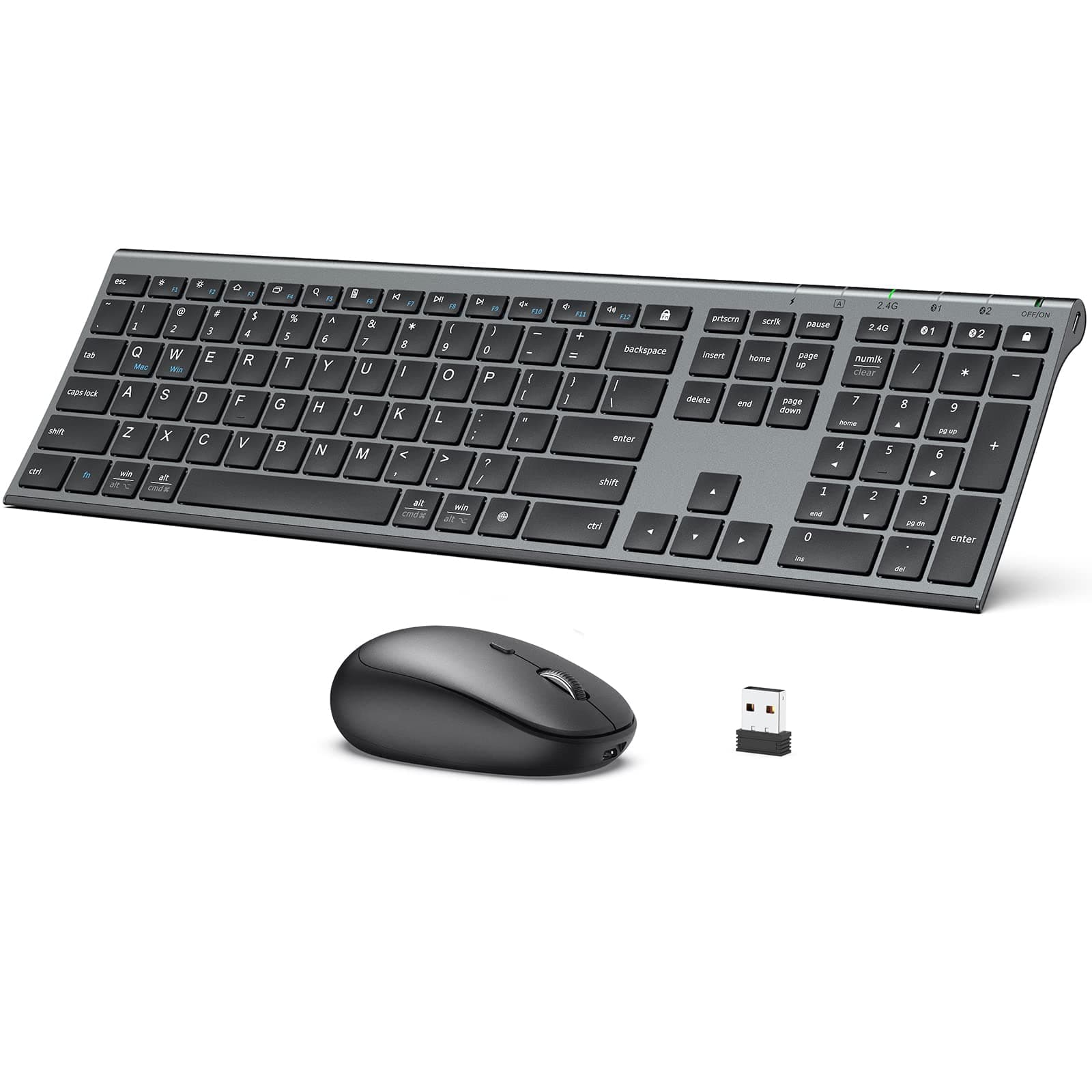 iClever Bluetooth Keyboard and Mouse Set DK03, Rechargeable Dual-Mode (Bluetooth + 2.4G) Wireless Keyboard and Mouse Set, Ultra-Slim Multi-Device Keyboard for Mac, iPad, Apple, Android, Win,Grey Black