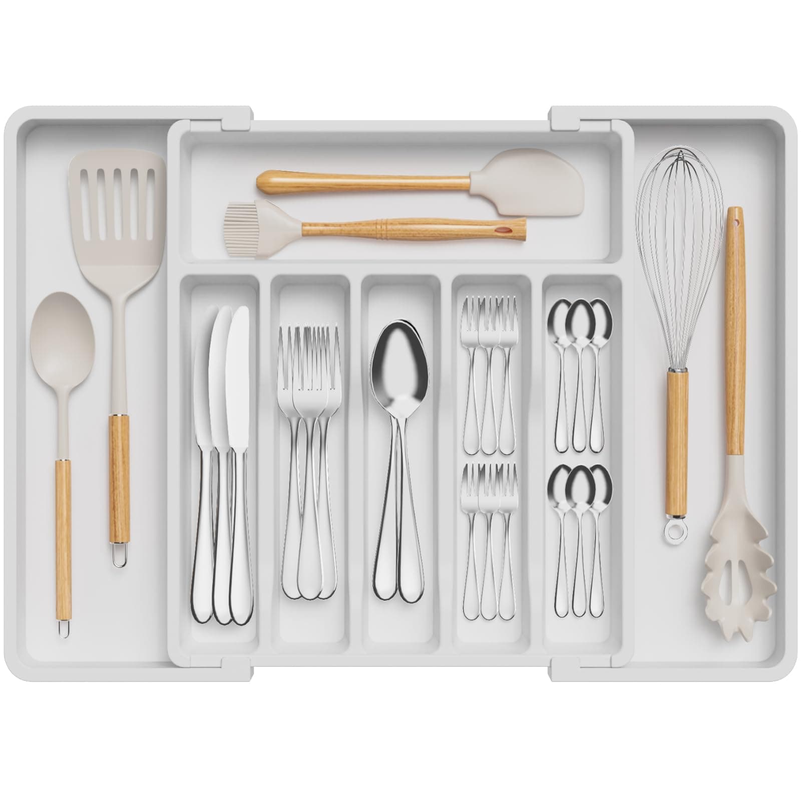 Lifewit Silverware Drawer Organizer, Expandable Cookware Tray for Kitchen, Adjustable Dish Holder and Cutlery Holder, Compact Plastic Storage for Spoon Forks Knife, Large, White