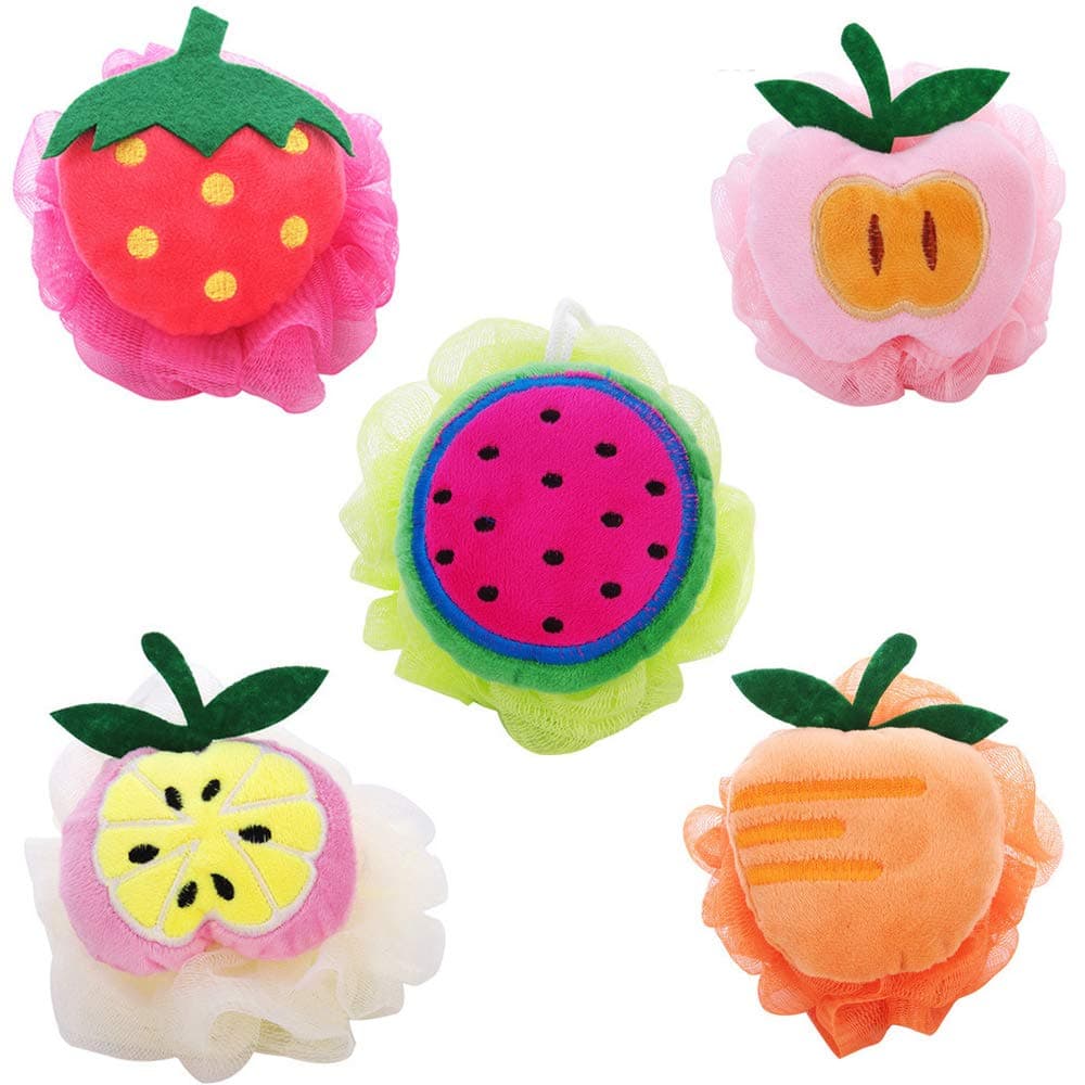 – Kaxich 5pcs Bath Puff Soft Bath Sponge Shower Ball Bath Loofah Fruit Shape Mesh Pouf Exfoliation Body Puffs Exfoliate Pouf