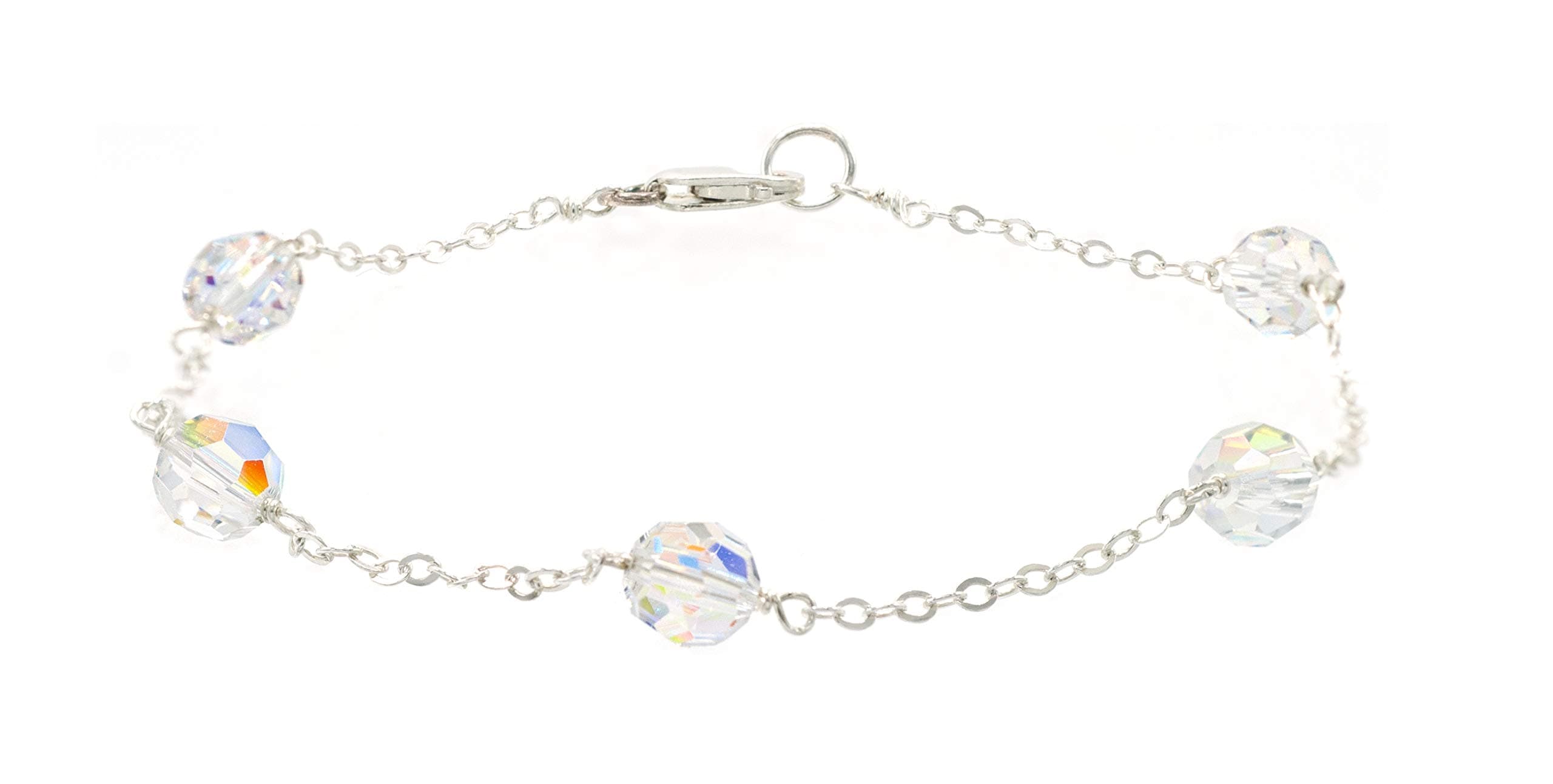 LTC DesignsSterling Silver Cable Chain Bracelet Made With Hand-Linked 6mm Austrian Aurora Borealis Crystal Round Beads, 7" for Women, Men or Friends