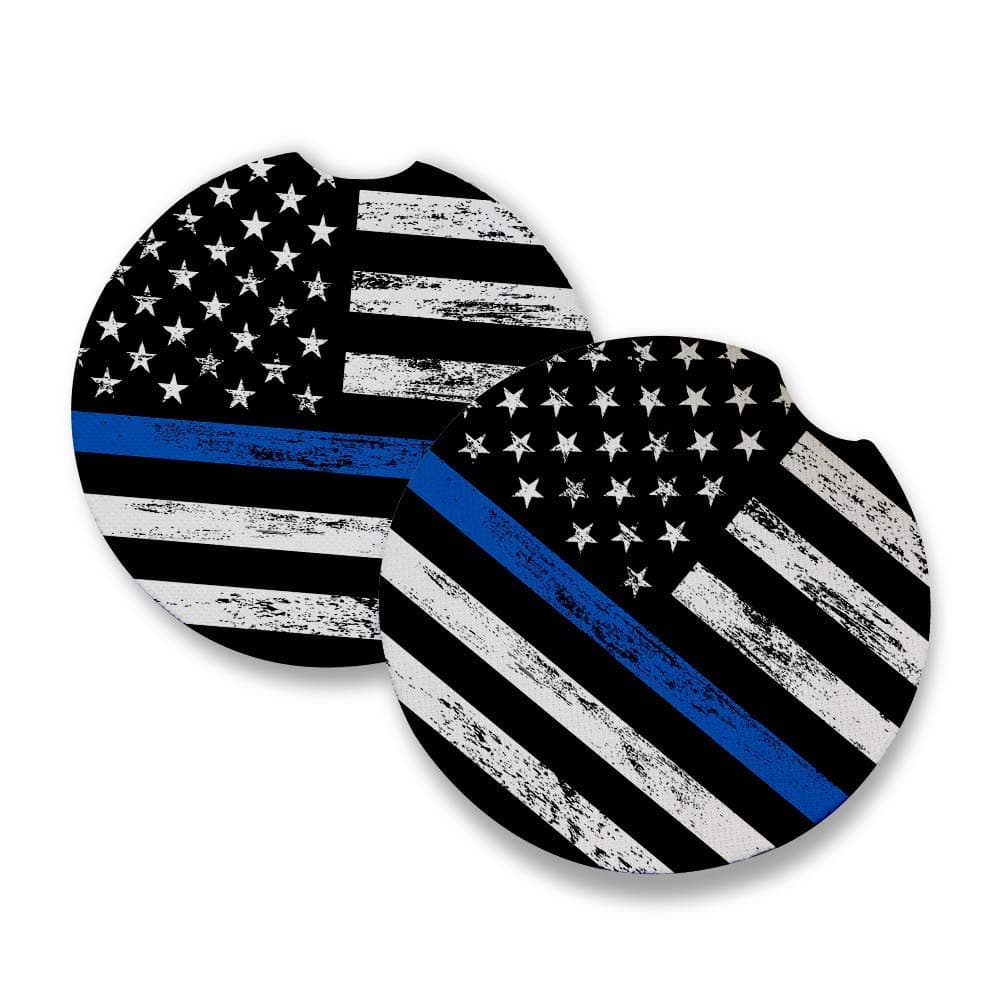 Thin Blue Line | Car Coasters for drinks Set of 2 | Perfect Car Accessories with absorbent coasters. Car Coaster measures 2.56 inches with rubber backing.
