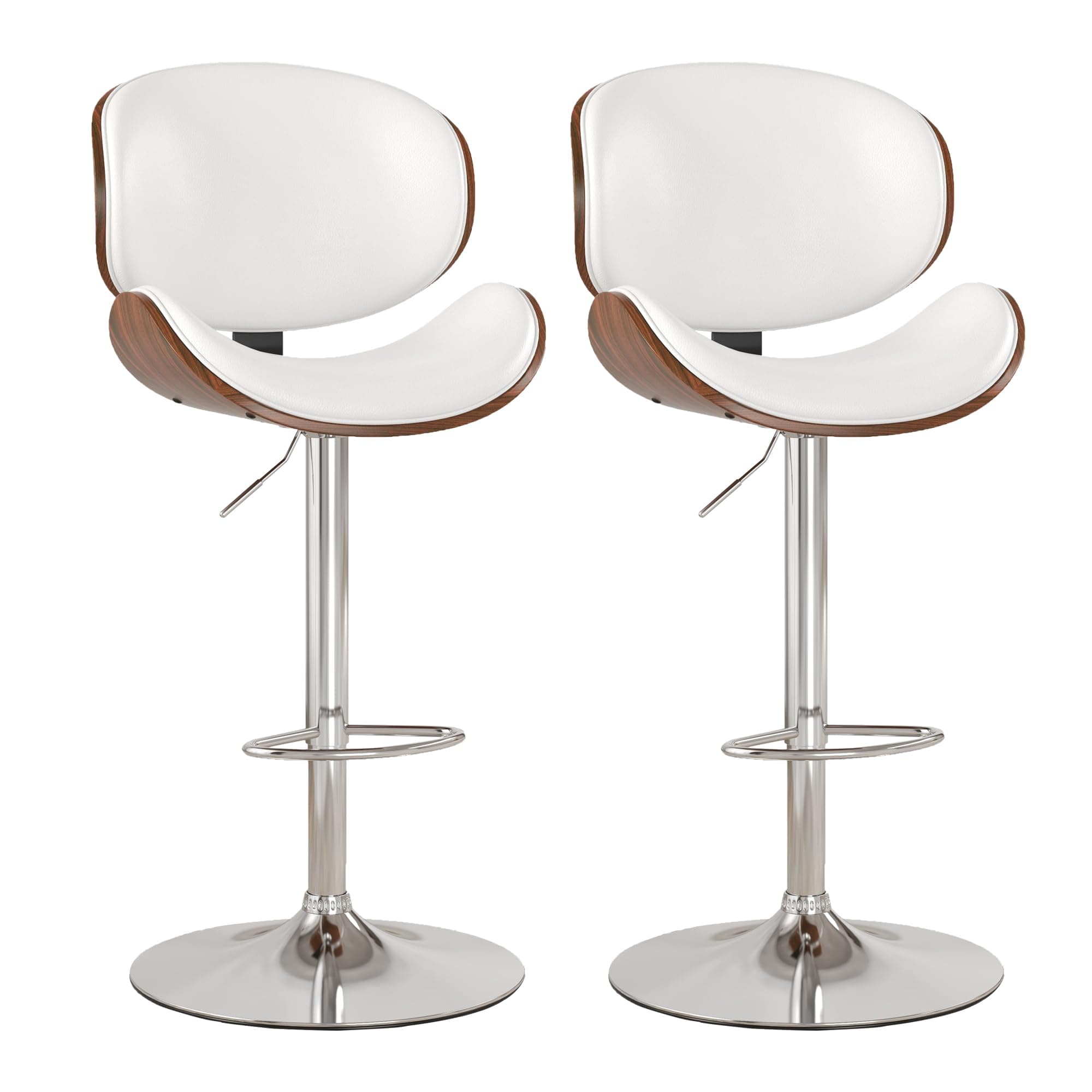 KCC Bar Stools Set of 2, Swivel Adjustable Height Barstools, PU Leather Upholstered Bar Chairs with Footrest, Bentwood Bar Stool for Kitchen, Bar, Dining Room(White PU)
