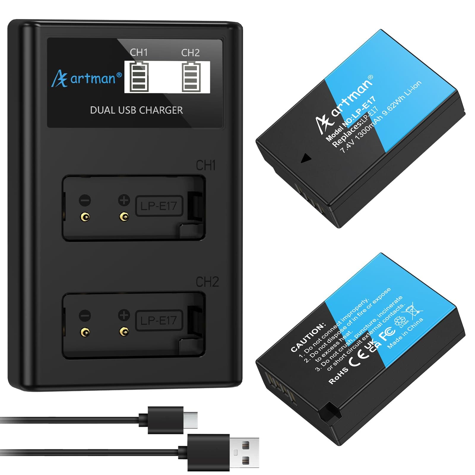 Artman LP-E17 Battery 2-Pack and New Upgraded LCD USB-C Charger for Canon EOS R8 R10 RP R50 R100, Rebel T8i T7i T6i T6s, SL2, SL3, M3 M5 M6, M6 II, 77D 200D 250D 750D 760D 800D 8000D KISS X8i Cameras