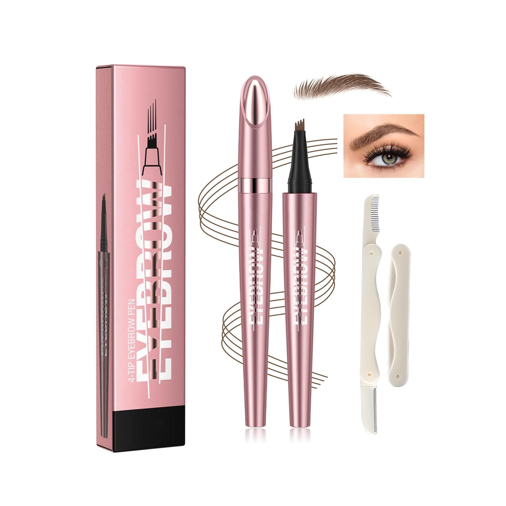 Precision Eyebrow Pen Set with 4 Multi-Tip Brow Pencils - Includes Natural Brown Tint, Spoolie Brush, Angled Tip, Fine Liner, Bonus Comb, Rose Gold Barrel for Defined, Long-Lasting Brows