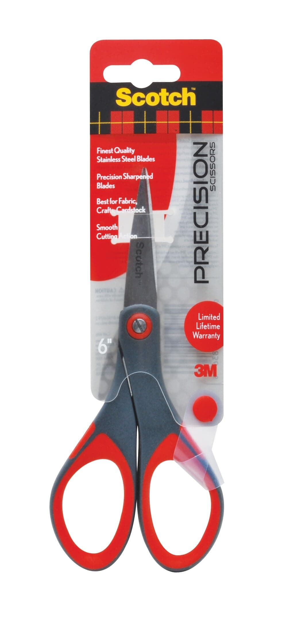 Scotch Precision Scissors 6 in (15 cm), 1 scissors/pack | Stainless Steel Blades | Red and Grey color | Ergonomic Comfort Grip | Precise Cutting | Multipurpose | Office, Home, School use | Scissors