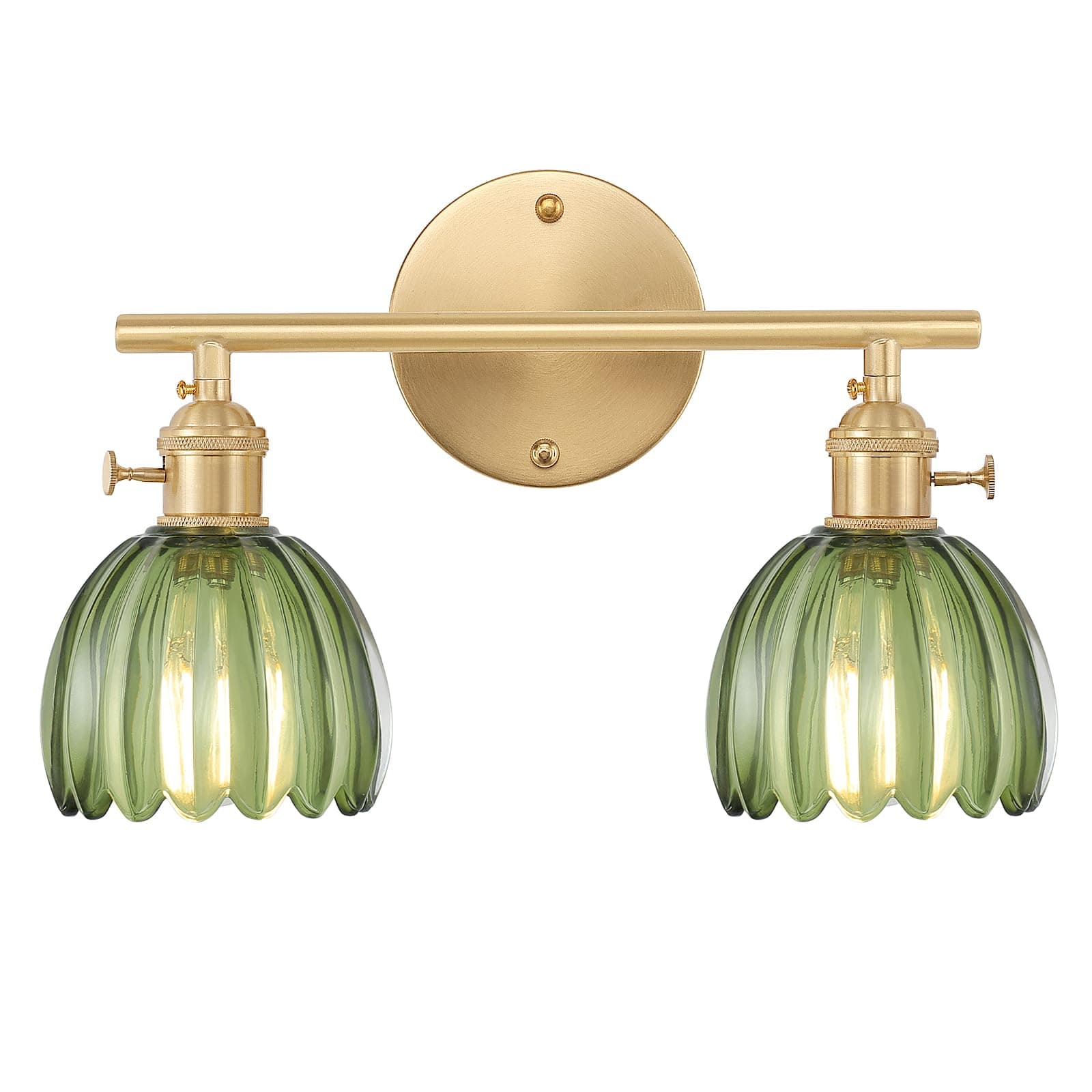 Bathroom Light Fixtures, 2-Light Brass Vanity Wall Light Over Mirror with Green Tulip Glass Shade for Bedroom Living Room