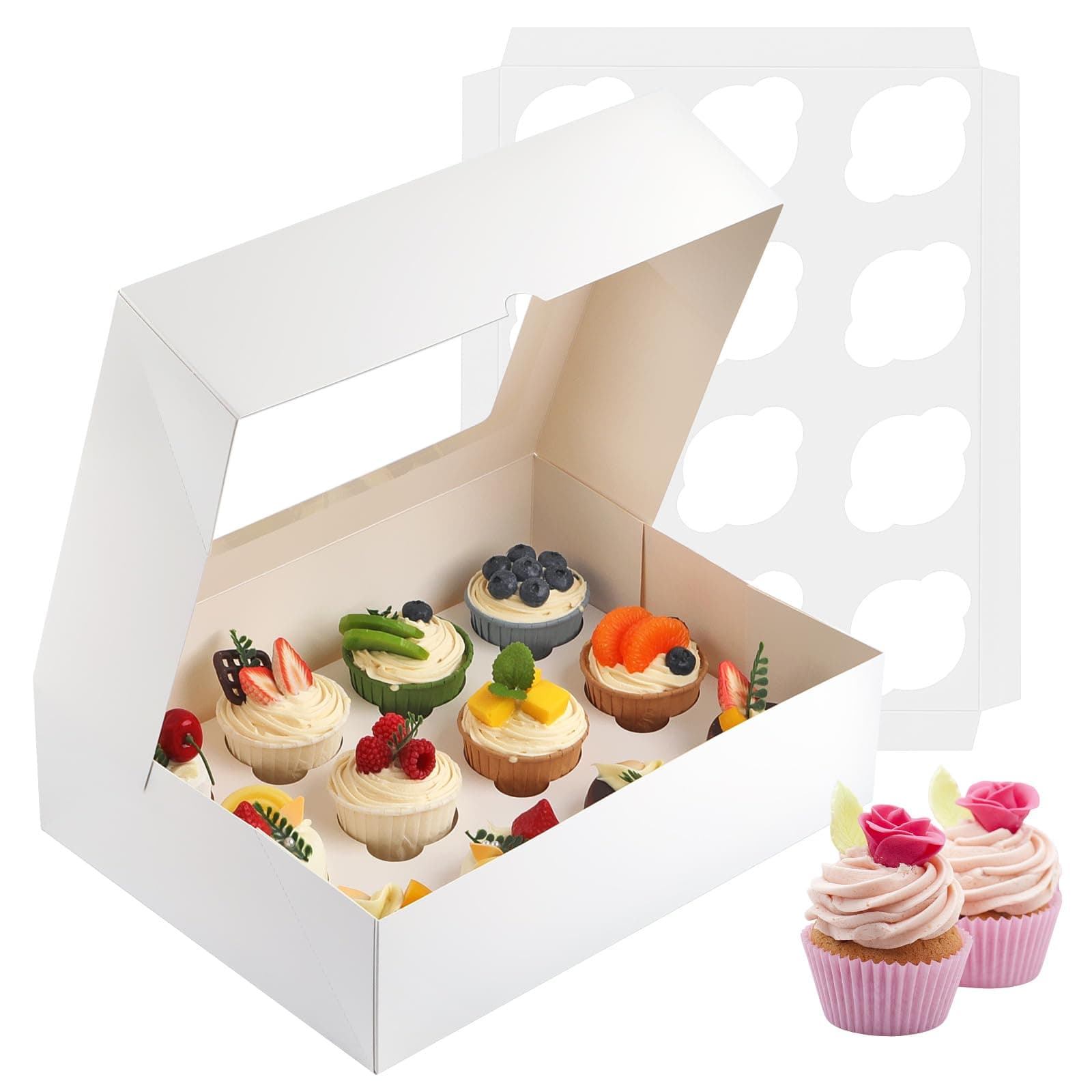 Cupcake Boxes, 2 Pack Disposable Cupcake Containers, Food Grade Cupcake Carrier 12 Count with Window and Inserts, Cupcake Transport Holders Bulk for Muffins Cookies Treats Dessert(White)