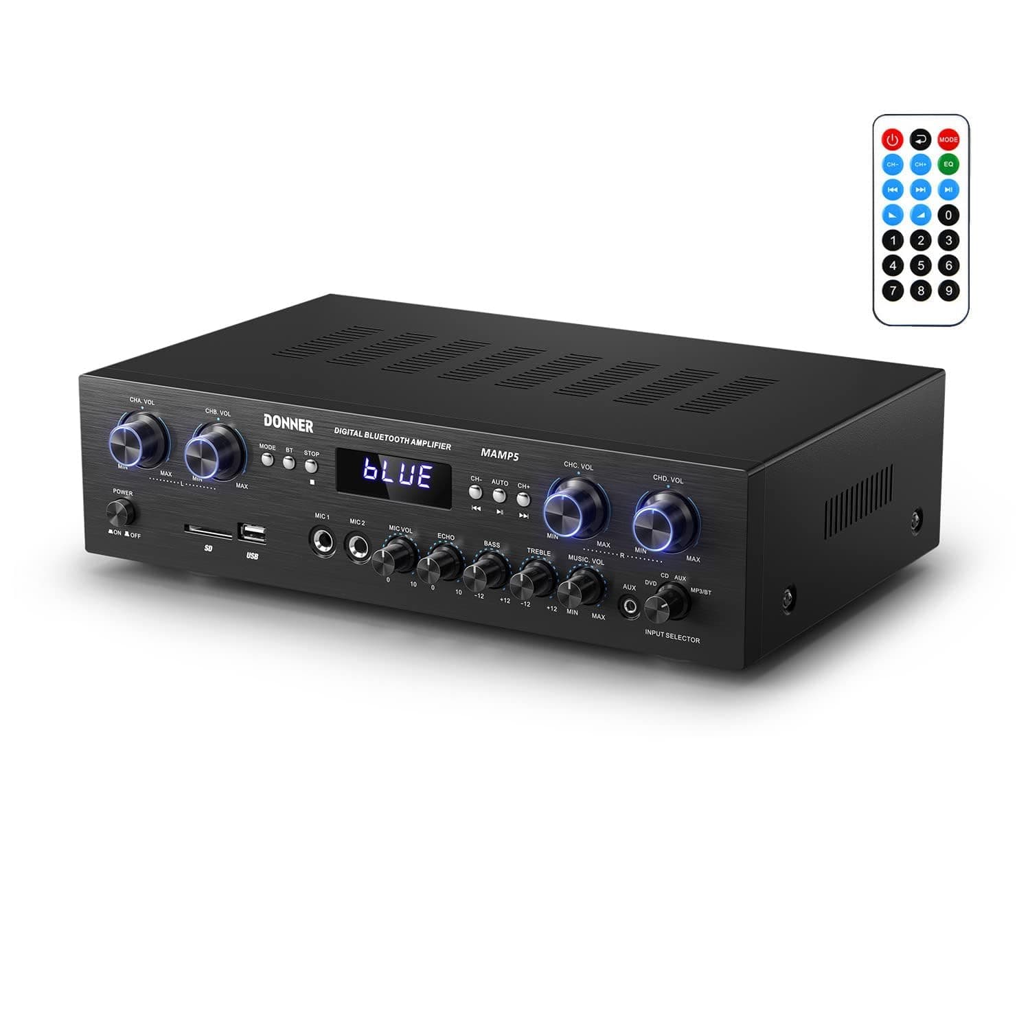 Bluetooth 5.0 Stereo Audio Amplifier Receiver, 4 Channel 440W Peak Power Home Theater Stereo Receiver with USB, SD, FM, 2 Mic in Echo, RCA, LED, Speaker Selector for Studio, Home - MAMP5