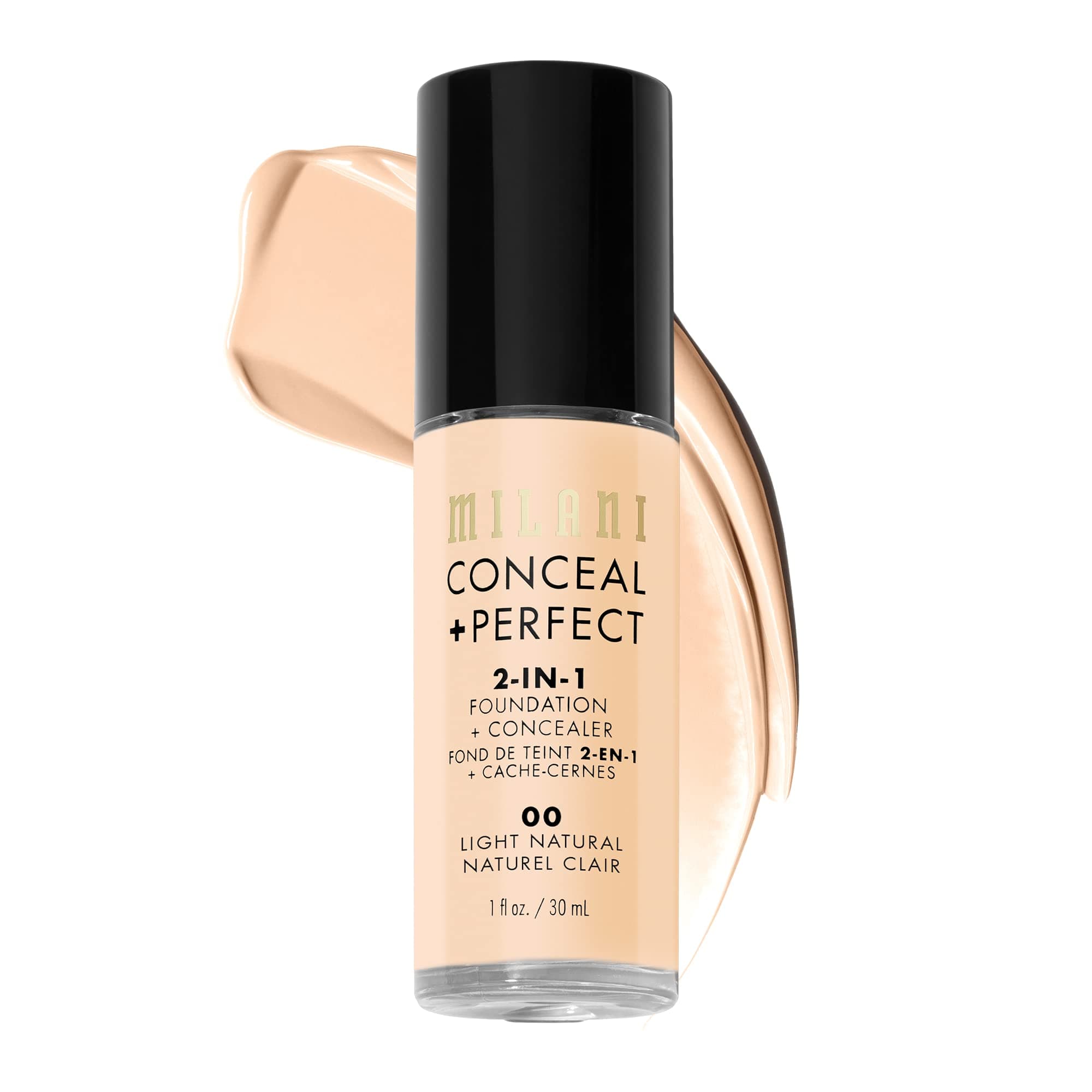 Milani Conceal + Perfect 2-in-1 Foundation + Concealer | Full Coverage Long Wear Makeup | Lightweight, Hydrating with Vitamin E | Covers Redness, Dark Circles, Crease-Proof, Paraben-Free | 00 Light Natural | 30ml
