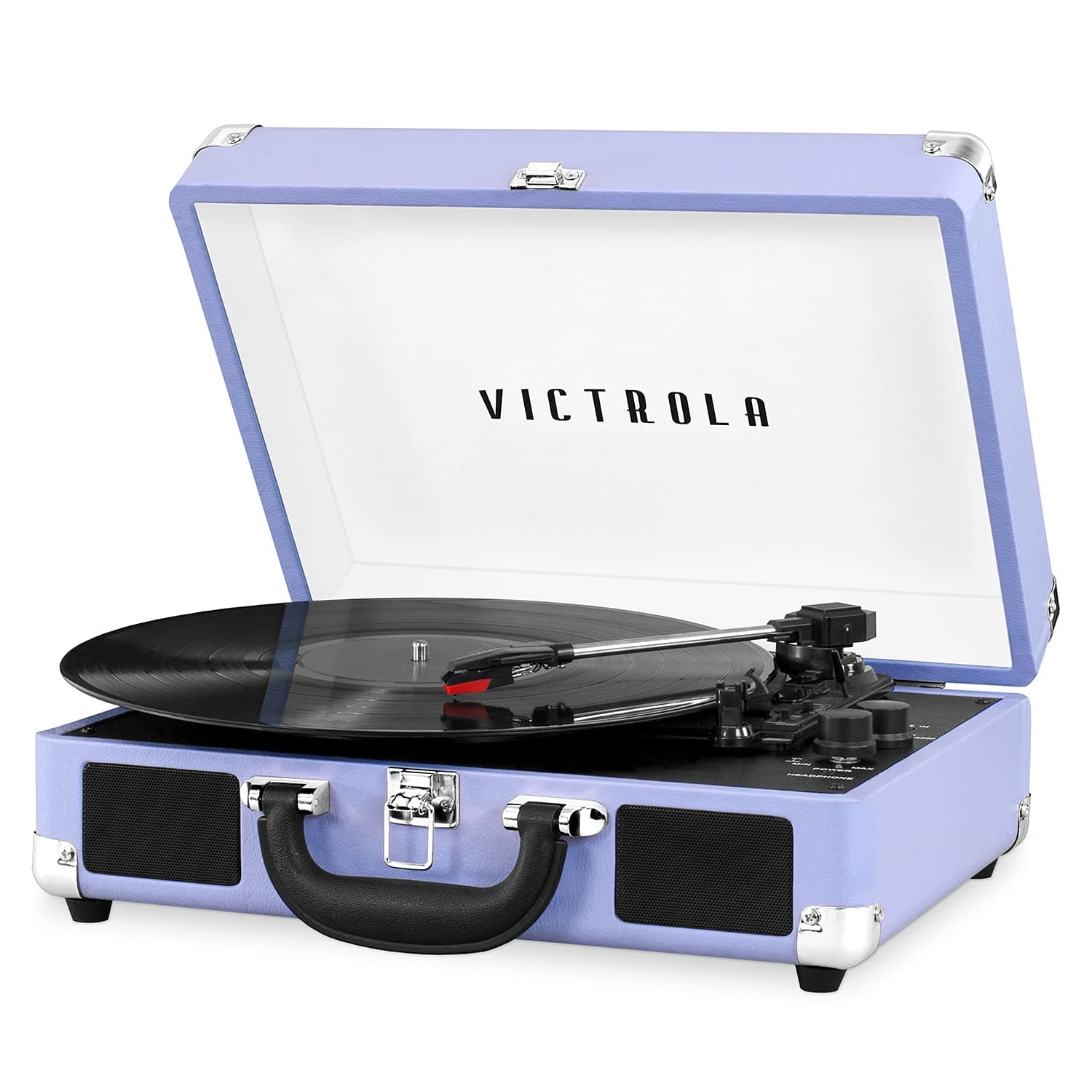 Journey Bluetooth Portable Suitcase Record Player – with Built-in Speakers, 3 Speed Vinyl Record Player, RCA Out, Headphone Jack (Lavender/Silver)