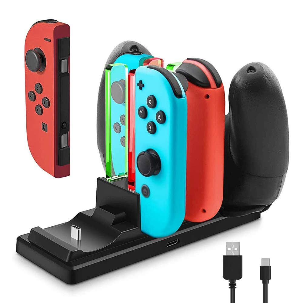 Controller Charger for Nintendo Switch, 6 in 1 Charging Station Stand Dock for Nintendo Joy-Con and Pro Controllers with Individual LEDs Indicator and Type C USB Charging Cable