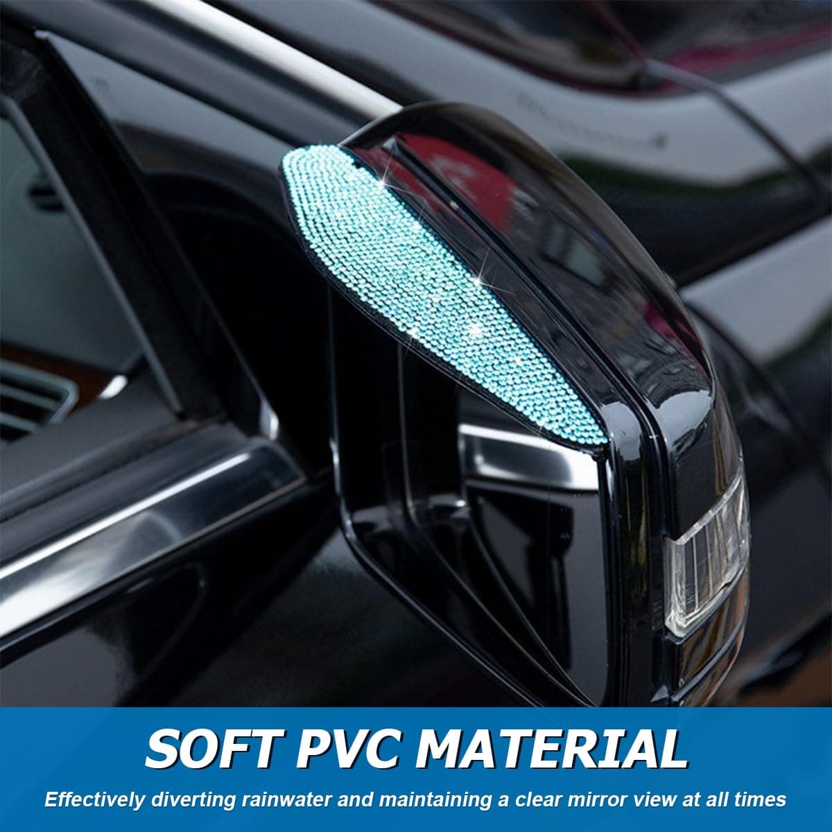 2PCS Car Rearview Mirror Rain Eyebrows, Bling Crystal Rain Visor Guard, PVC Waterproof Auto Mirror Visor Smoke Shade Cover, Automotive Exterior Accessories Decor (Light Blue)