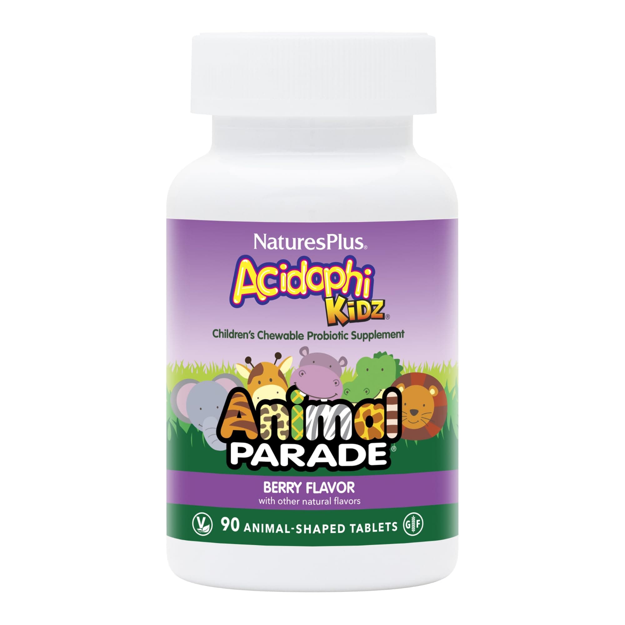 Animal Parade AcidophiKidz, Berry Flavor - 90 Chewable, Animal-Shaped Tablets - with Probiotics, FOS & Grape Seed - 90 Total Servings