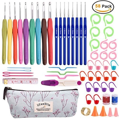 BEGOST 58Pack Crochet Hooks Set Ergonomic Knitting Needles Case Weave Yarn Kitting Needles with Soft Rubber Grip Handle,Knitting Accessories and Storage Bag,Size from 0.6mm to 6.0mm