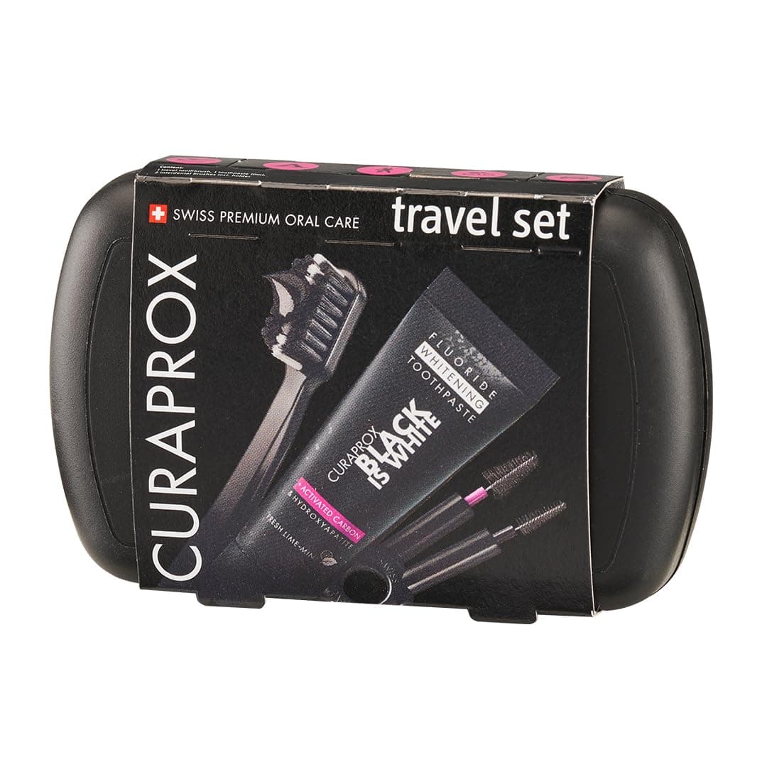 Curaprox Black Is White Travel Set I Includes CS 5460 Ultra-Soft Travel Toothbrush, 10ml Black Is White Whitening Toothpaste with Carbon Interdental Brushes CPS Prime 07 & 09