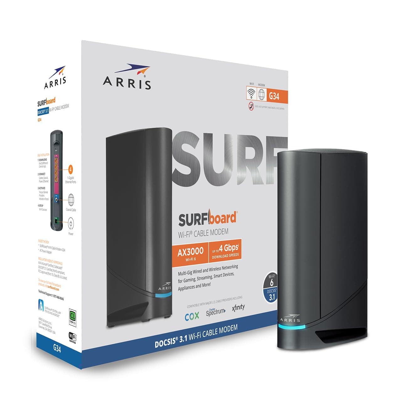 ARRIS (G34 - Modem Cable Router Combo - Fast DOCSIS 3.1 Gigabit WiFi 6 (AX3000), Approved for Comcast Xfinity, Cox, Spectrum and More, Maximum Internet Speeds of 1Gbps