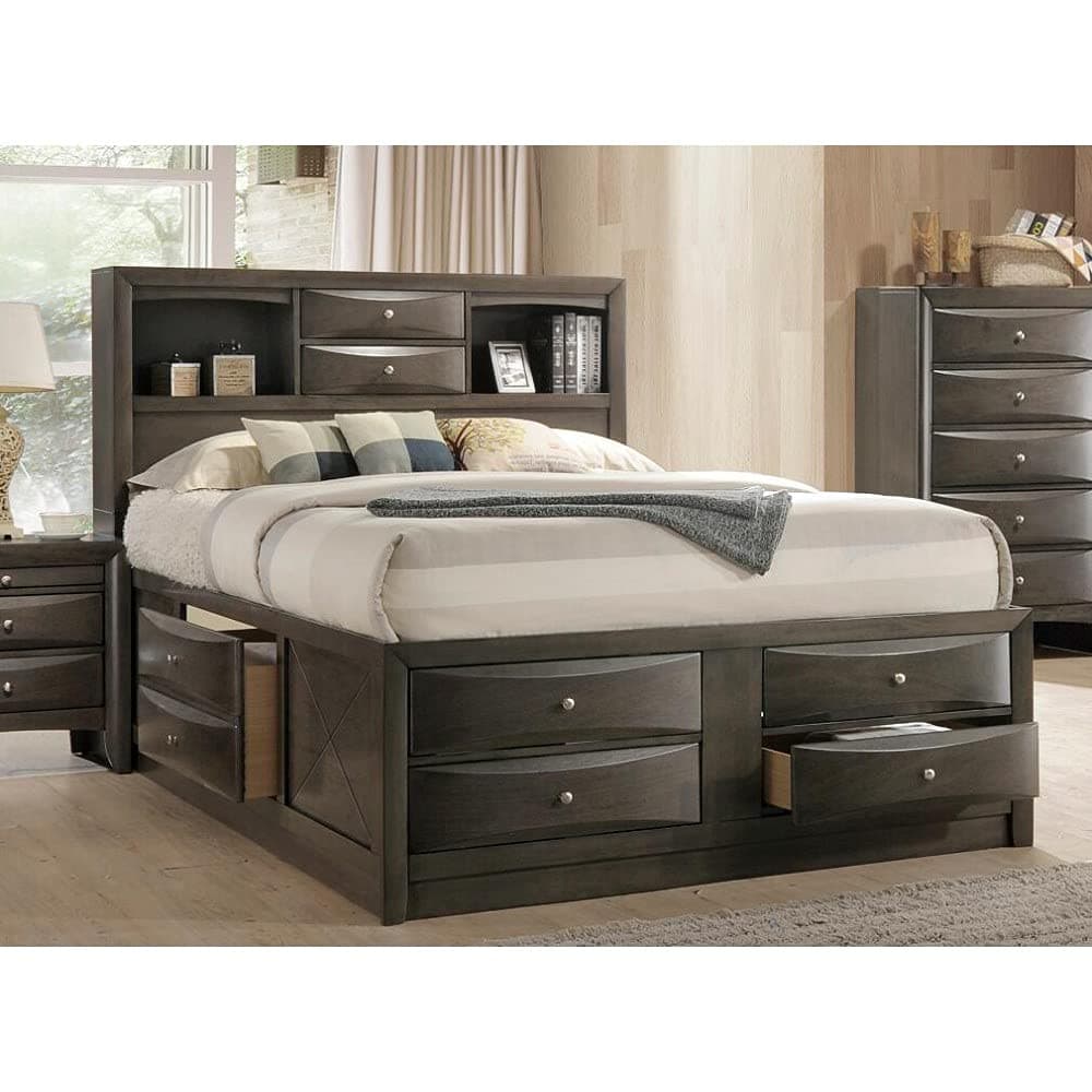 Contemporary Wood Storage Bed Frame Eastern King Size with 8 Storage Drawers, Bookcase Headboard for Master or Guest Room No Box Spring Required Easy Assembly (Eastern King Bed, Gray Oak)