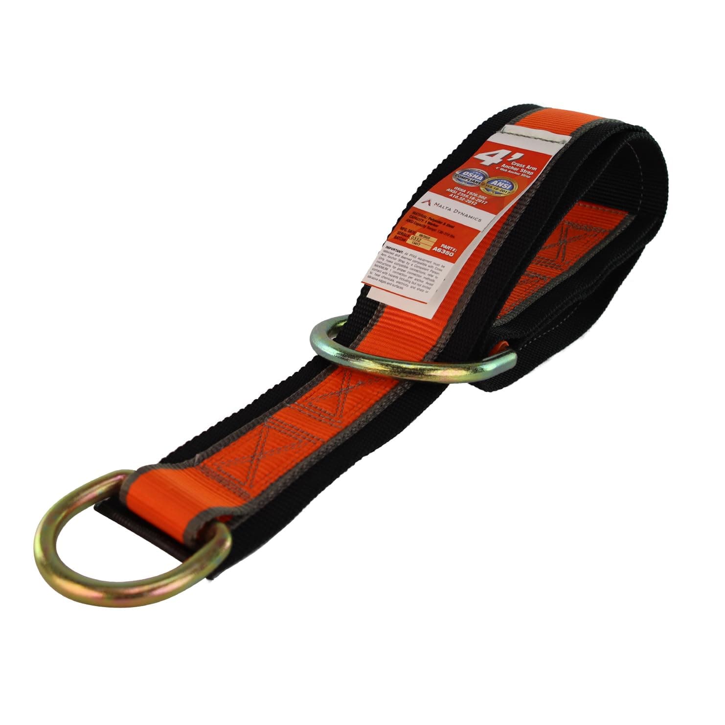 Malta Dynamics 4' Cross Arm Fall Protection Safety Strap, OSHA/ANSI Compliant - D-Ring, Beamer, I-Beam & H-Beam Anchor