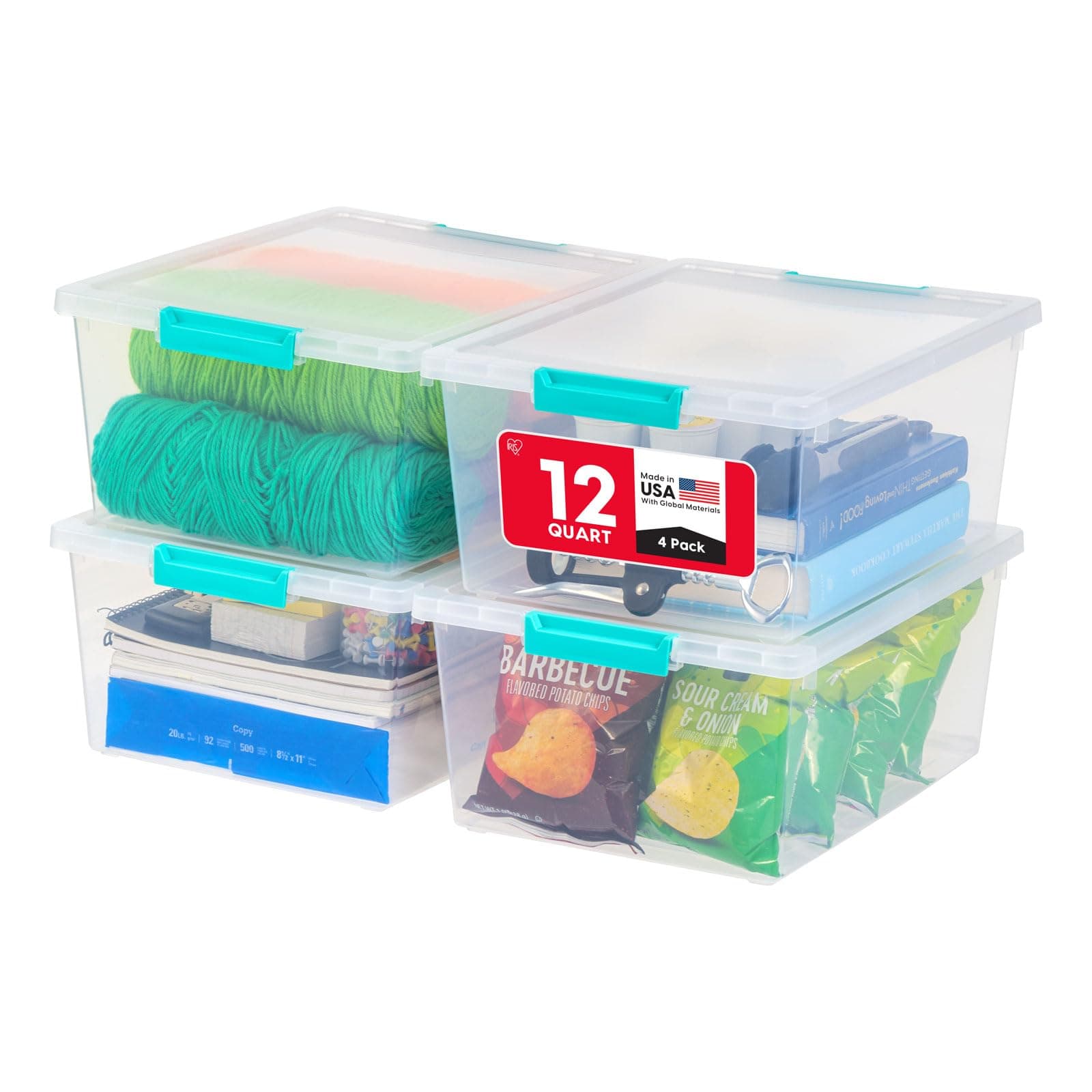 12 Qt. Craft Storage Bins with Lids, 4-Pack, |Made in USA|, Clip Box, Medium Plastic Sensory Bin Tote Organizer Containers for Art Supplies, Paper, & Office, Stackable - Clear/Seafoam Blue