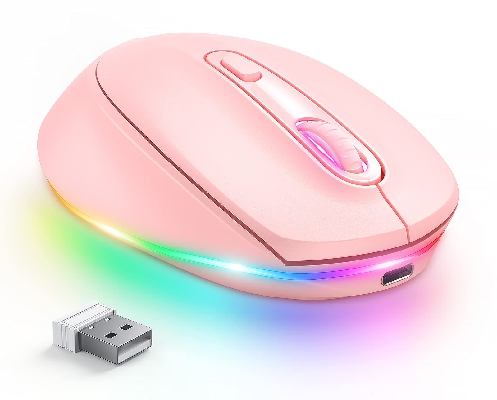 seenda Wireless Mouse, Rechargeable Light Up Mouse for Laptop, Small Cordless Mice with Quiet Click LED Rainbow Lights for PC Computer Kids Chromebook Windows Mac,Hot Pink