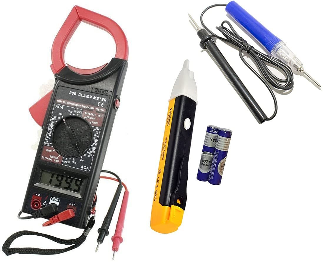 AC/DC Digital Clamp Multimeter DT266 With 1pc Touchless AC Voltage Tester Pen Detector Sensor 90~1000V and 1pc Continuity tester (Pack Of 3pc)