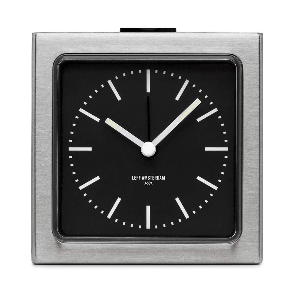 LEFF Amsterdam 8.5 x 8.5 x 6 cm Stainless Steel Block Alarm Clock in Silver Black Face