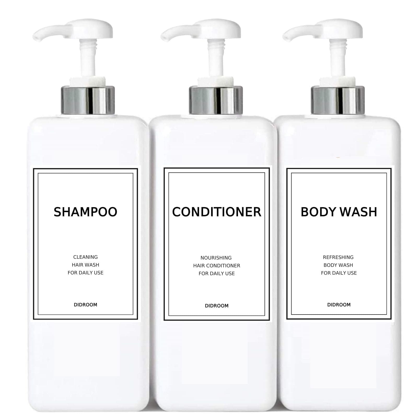 Modern Silver Shampoo and Conditioner Dispenser (21 oz, Pack of 3) Refillable Pump Bottle Set Empty Shower Plastic Bottles with Pump for Bathroom Body Wash Soap and Shower