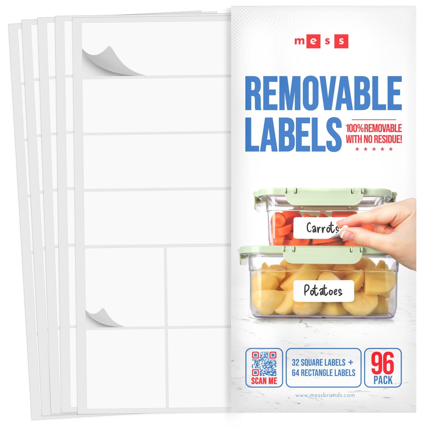 MESS Removable Food Labels for Containers (96-Pack) 1x3" & 1.5" Erasable Kitchen Labels for Organizing, Freezer & Fridge, White Dry Erase Labels for Jars
