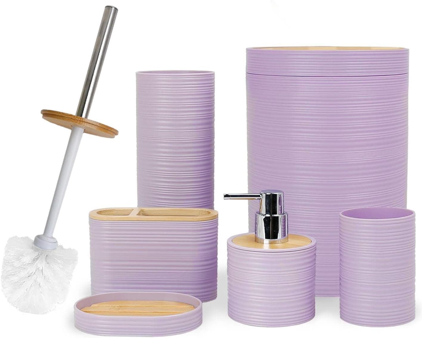 CERBIOR Bathroom Accessories Set 6 Piece Bamboo Bath Ensemble Includes Soap Dispenser, Toothbrush Holder, Toothbrush Cup, Soap Dish for Decorative Countertop and Housewarming Gift, Sriral Purple