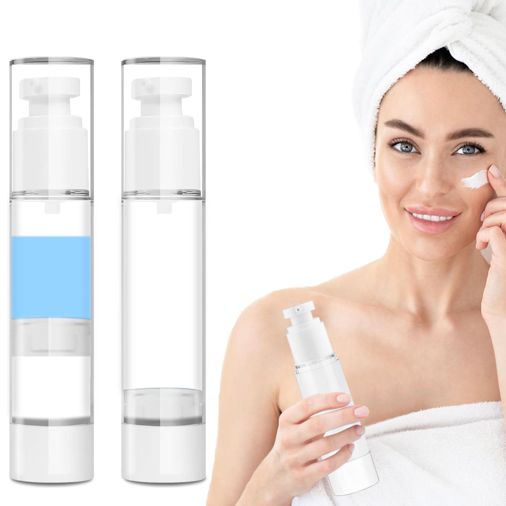 Airless Pump Jars 50ML Travel Bottles for Toiletries Pack of 2, Empty Refillable Cosmetic Bottles, Leak Proof Acrylic Vacuum Cream Dispenser for Foundation, Lotion and Face Cream