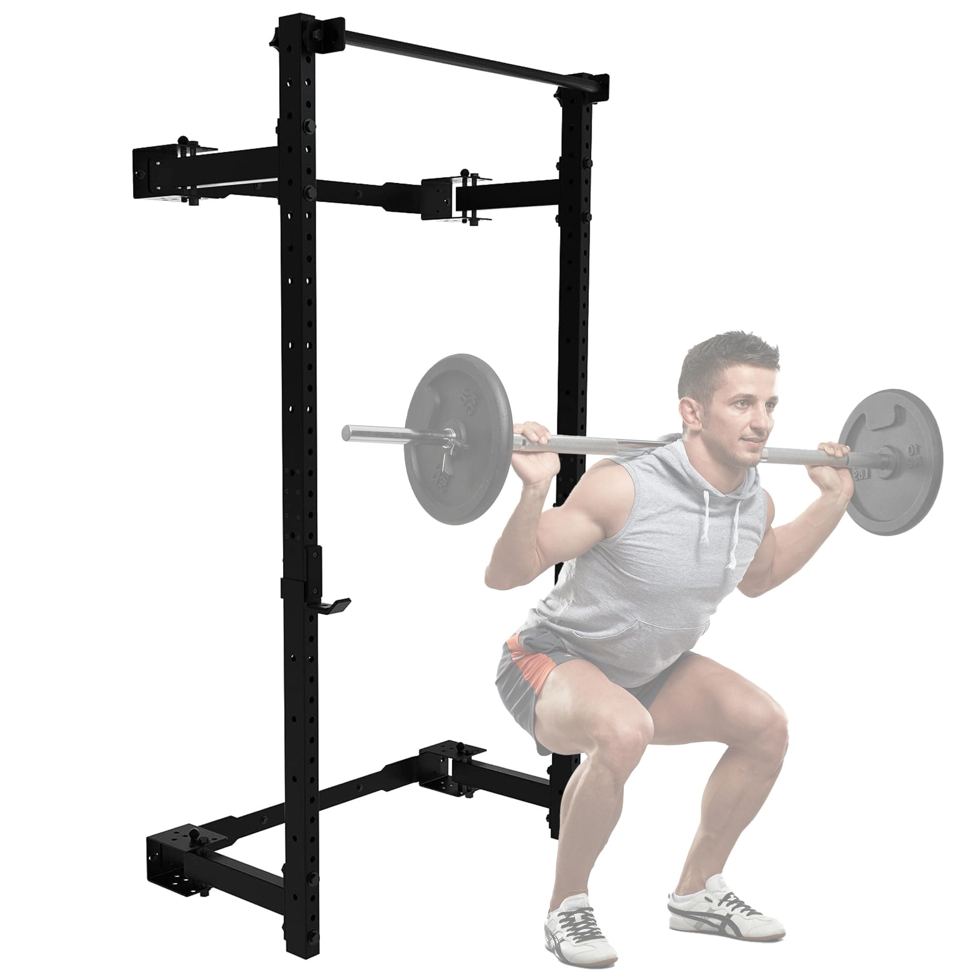 PRx Performance Wall Mounted Folding Power Squat Rack - Heavy Duty Adjustable Pull Up Bar, Space Saving Home Gym Equipment with Durable J-Cups, Ideal for Weight Lifting and Strength Training - Black