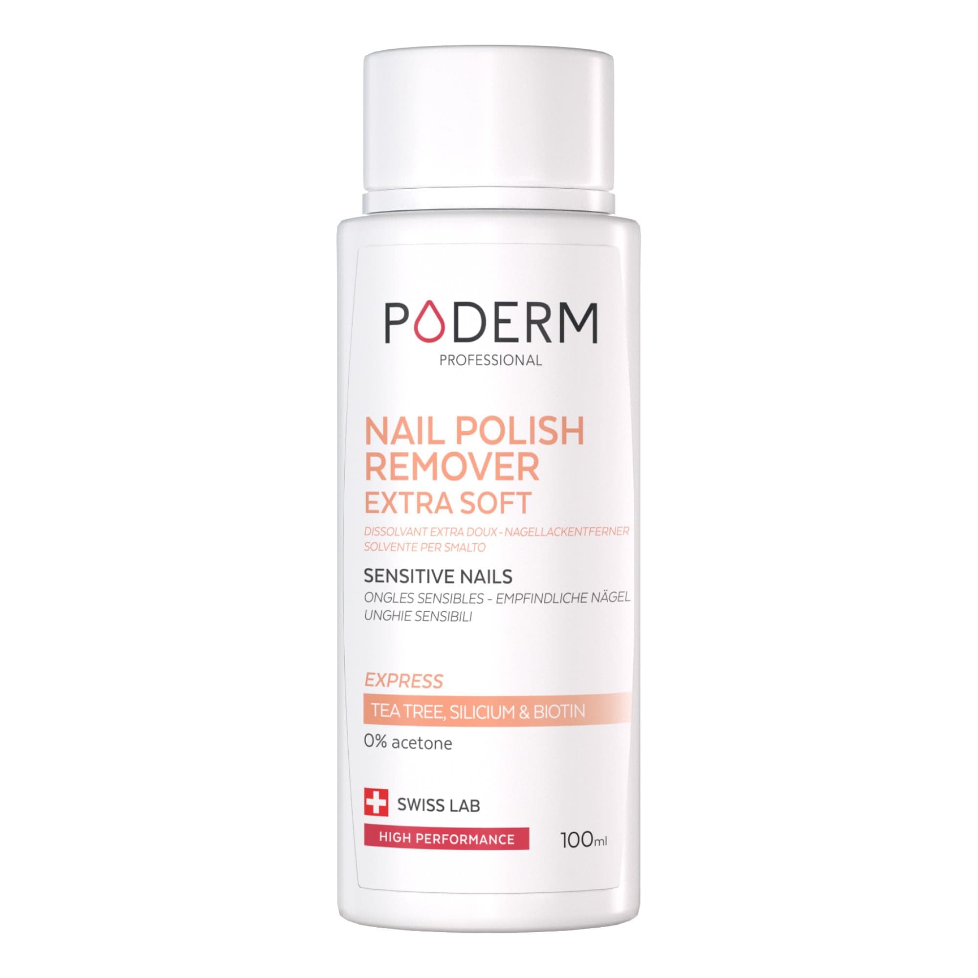 PODERM - NAIL POLISH REMOVER EXTRA MILD TEA TREE - Quick & Easy Nail Polish Removal - Acetone-Free - Nail Fortifying & Nourishing - Perfect for Delicate Nails - 100ml - Swiss Lab