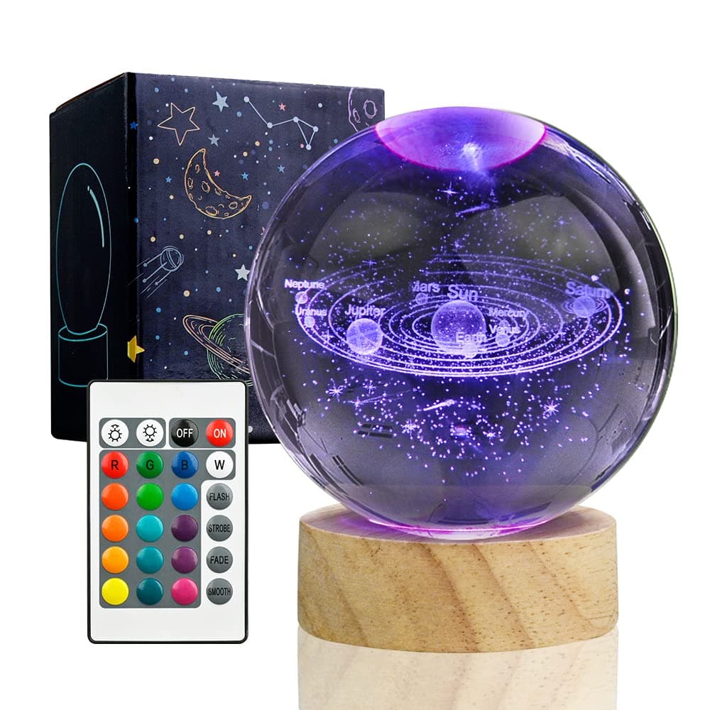 3D Solar System Crystal Ball Night Light with 16 Color LED Wooden Base, Upgraded 3.15 Inch Galaxy Planets Glass Ball Lamps with Remote for Birthday Christmas, Astronomy Space Gifts for Boys Girls