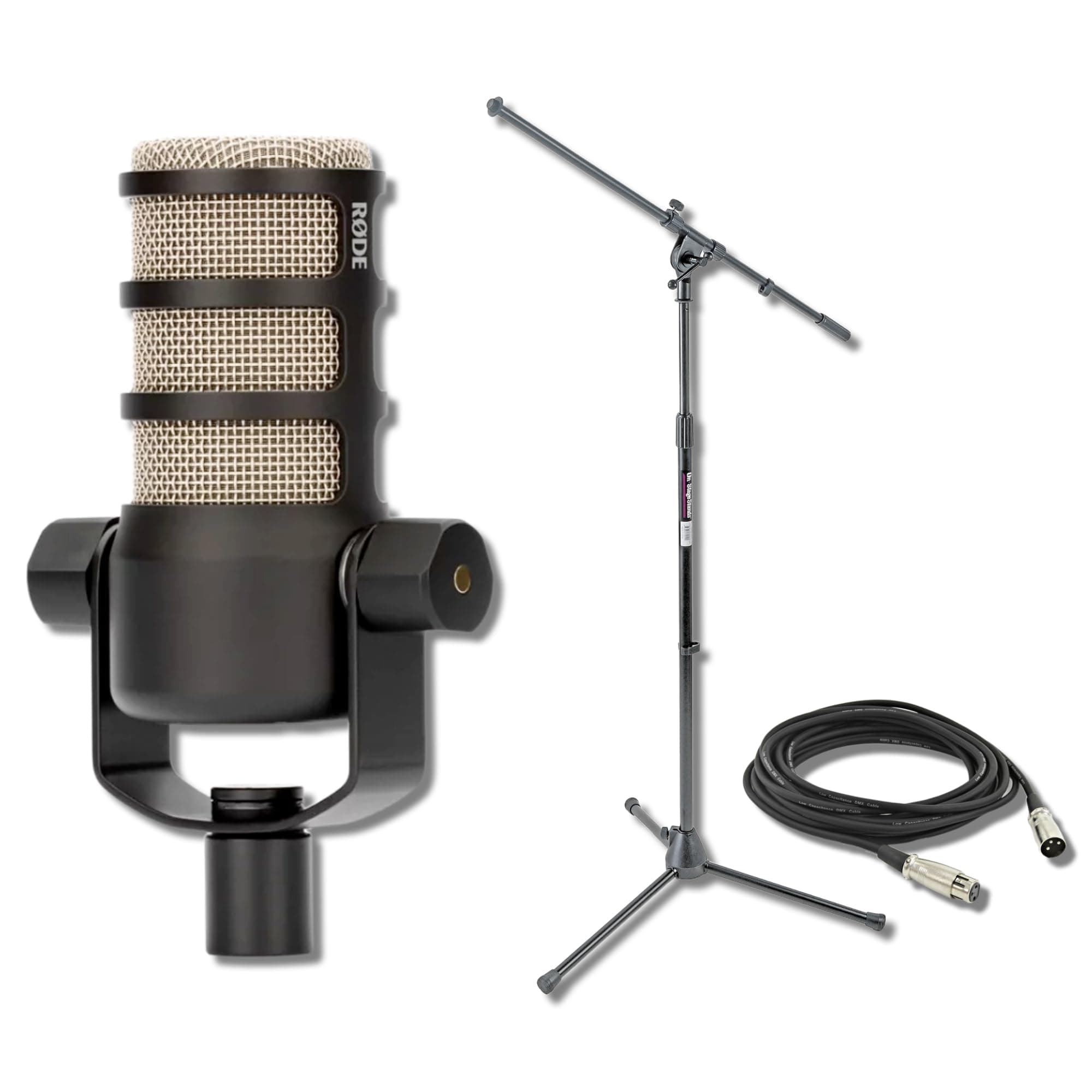 Rode PodMic Cardioid Dynamic Broadcast Microphone with On-Stage Stands MS7701B Tripod Mic Stand and XLR Cable