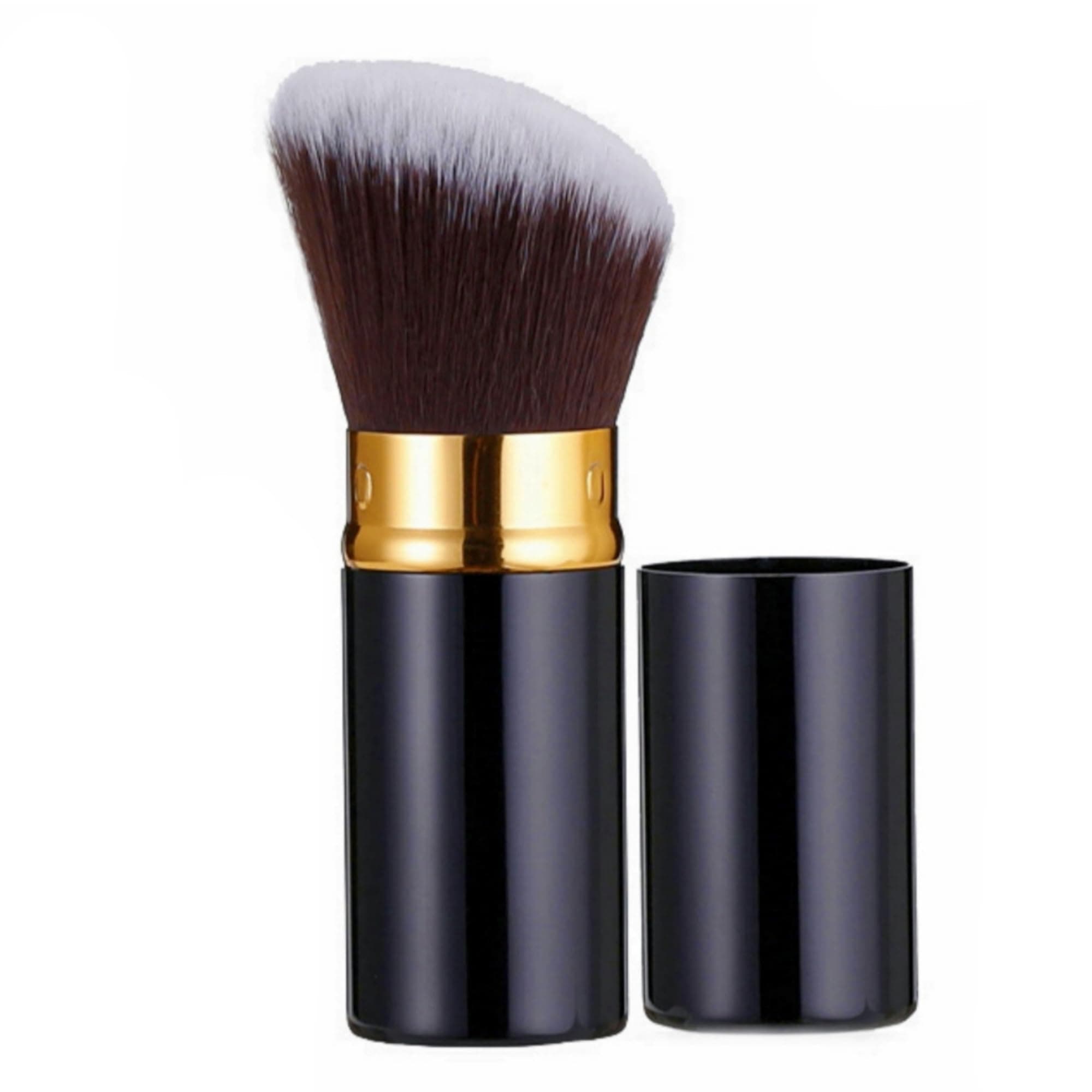 Retractable Kabuki Foundation Brush Best for Mineral Makeup, Bronzer, Blush, Liquid or Powder. Vegan. Blend and Contour for a Flawless Face (Black Gold)