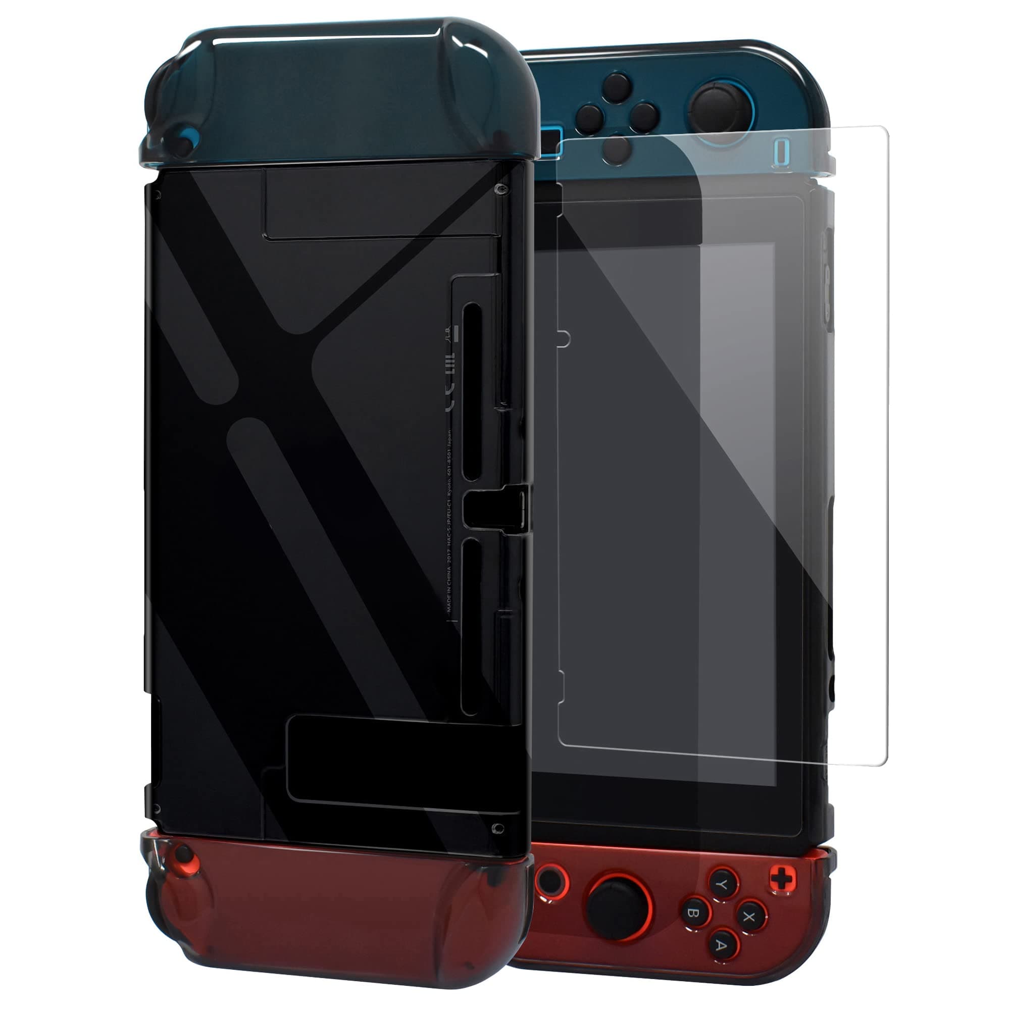 Dockable Protective Cover Case with Screen Protector Compatible with Nintendo Switch, YUANHOT Switch Hard Shell Case and Thumb Grip Caps Accessories, Crystal Plastic Case Protector - Black