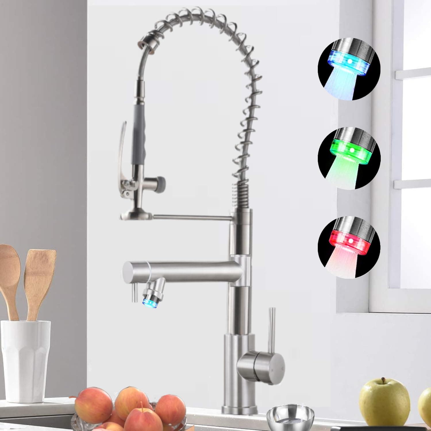 VIDEC Smart Kitchen Faucet, 3 Modes Pull Down Sprayer, LED Temperature Control, Ceramic Valve,1 or 3 Hole Deck Plate, Double Spout. 10-Year Warranty. (Two-Spout with LED (KW-29) Brushed Nickel)