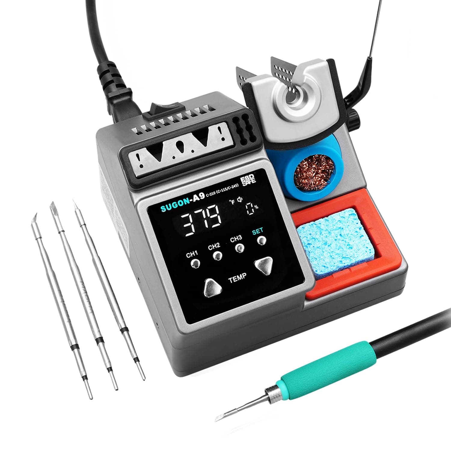 SUGON A9 210 Precision Soldering Stations 120W, LCD Display Digital Soldering Iron Kit,2 Seconds Fast Heating up 716℉, 3 Temperature Storage,212℉-842℉, ℃/℉,ESD,Quick Change Soldering Iron Tips Holder