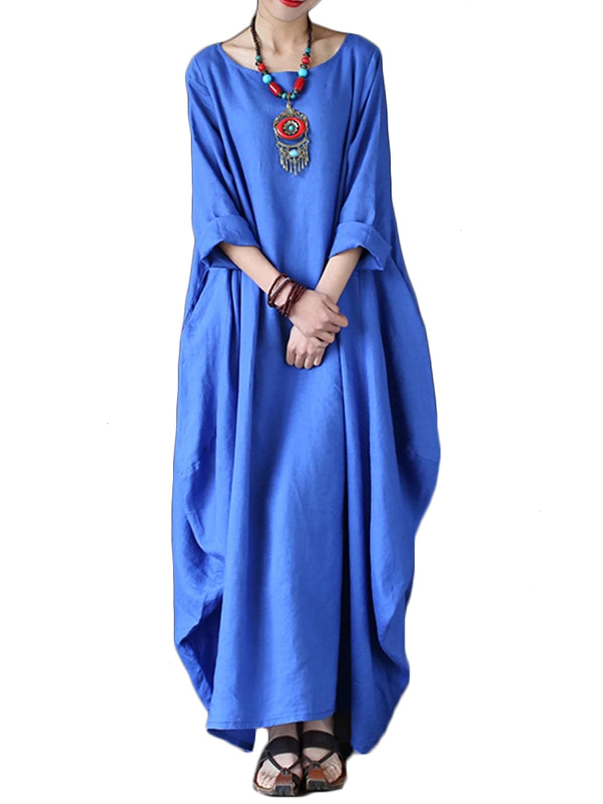 CelmiaAutumn Solid Loose Long Maxi Dress Cotton Caftan