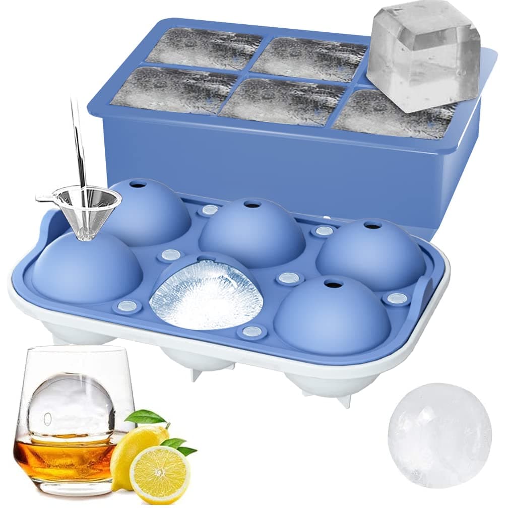ROTTAY Ice Cube Trays (Set of 2), Sphere Ice Ball Maker with Lid & Large Square Ice Cube Maker for Whiskey, Cocktails and Homemade, Keep Drinks Chilled
