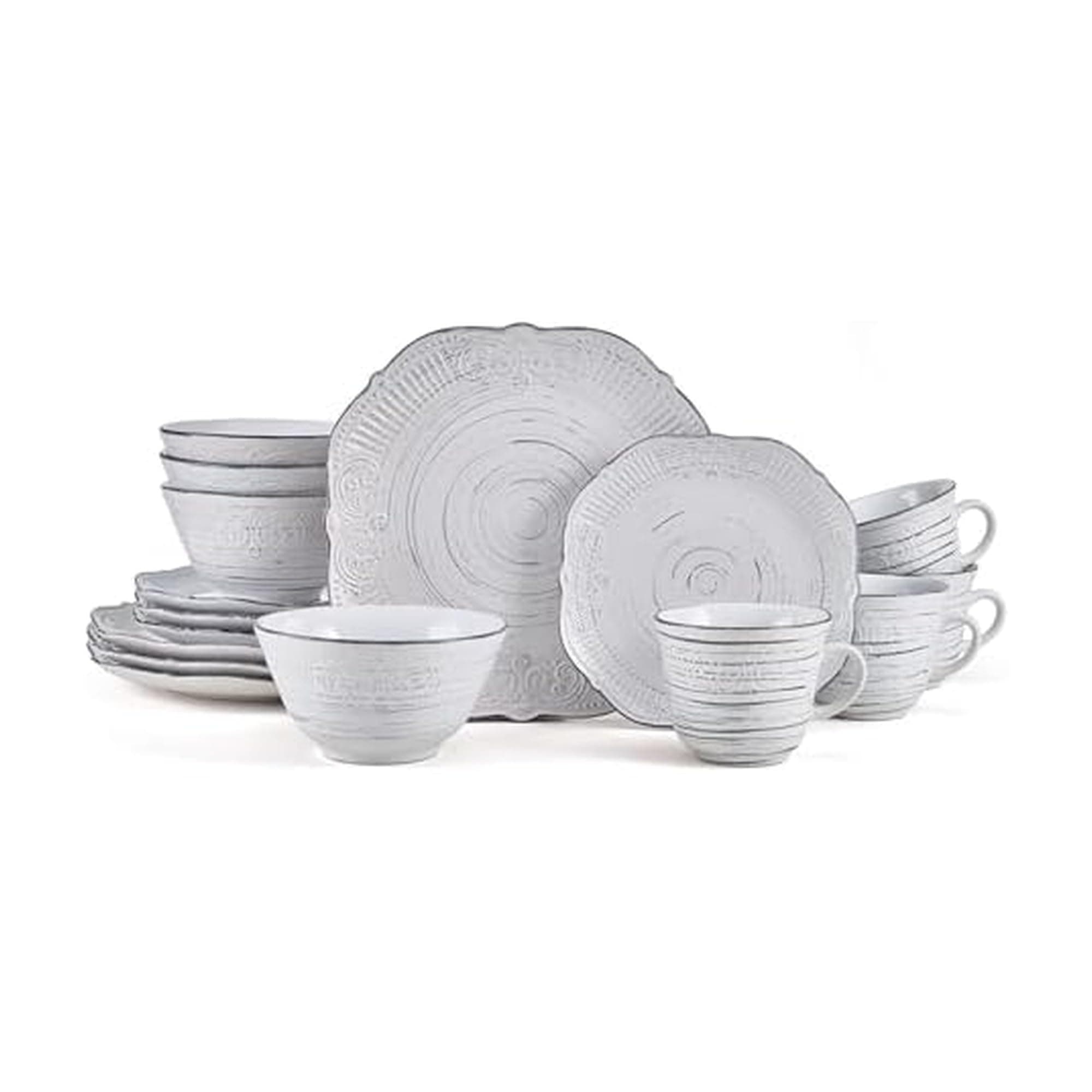 Pfaltzgraff Isabella 16-Piece Stoneware Dinnerware Set, Service for 4 - Handpainted Unique Glazed Finish - Includes Dinner Plates, Salad Plates, Bowls, Mugs - Dishwasher & Microwave Safe (Gray)