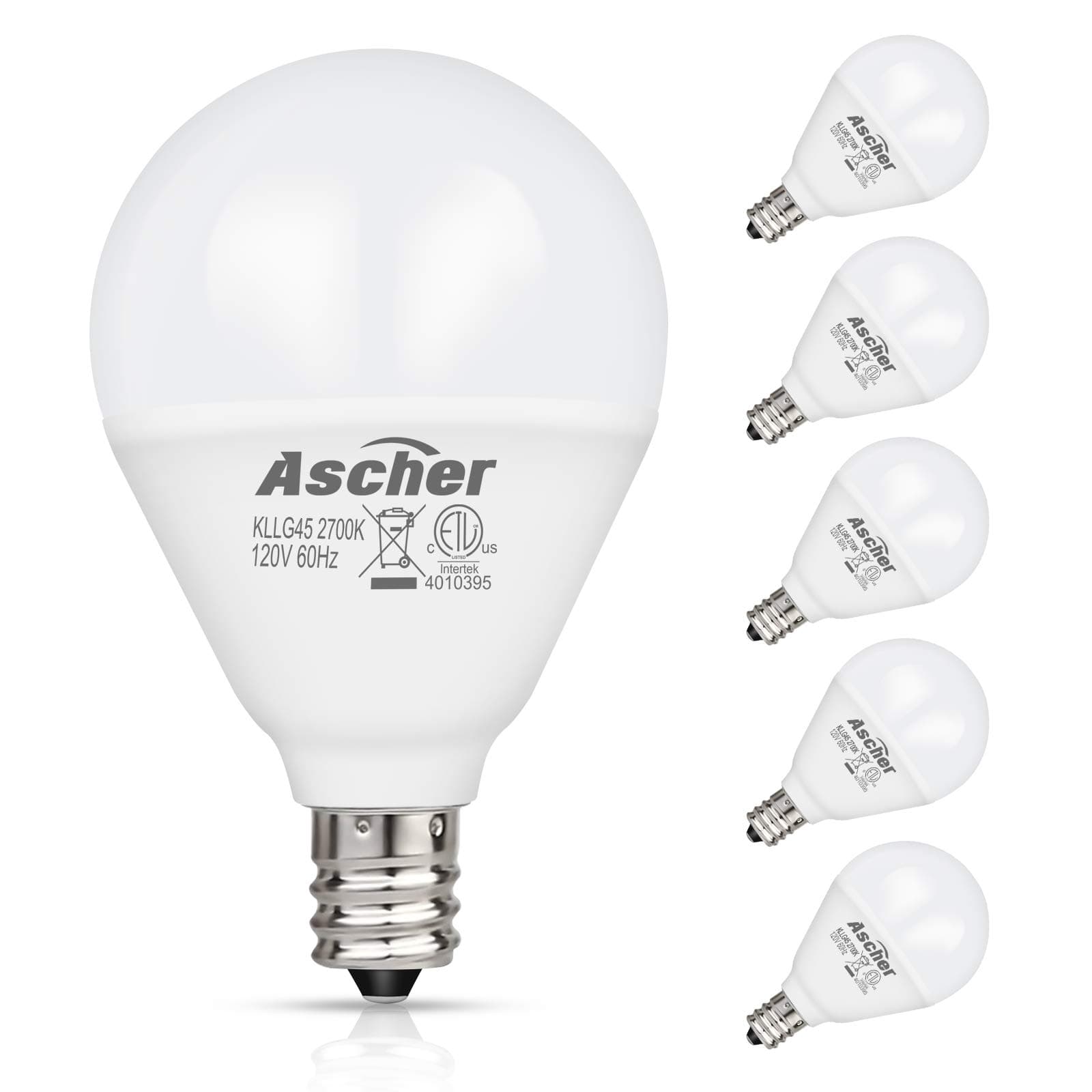 Ascher E12 LED Candelabra Light Bulbs 60 Watt Equivalent, Candelabra Base Round Bulb, 550 Lumens, Warm White 2700K, G14 Decorative Bulb for Ceiling Fan, Non-dimmable, Pack of 5