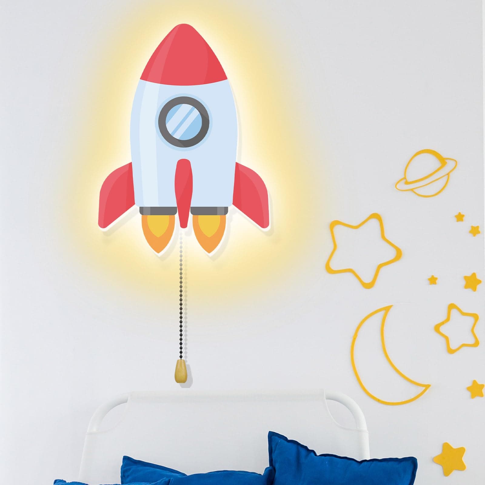 Space Rocket Night Light Wall Lamp Sleeping Nursery Lighting Cute Floating Battery Operated Hanging Lamp for Baby Boys Girls Bedroom Room Nursery Wall Decorations