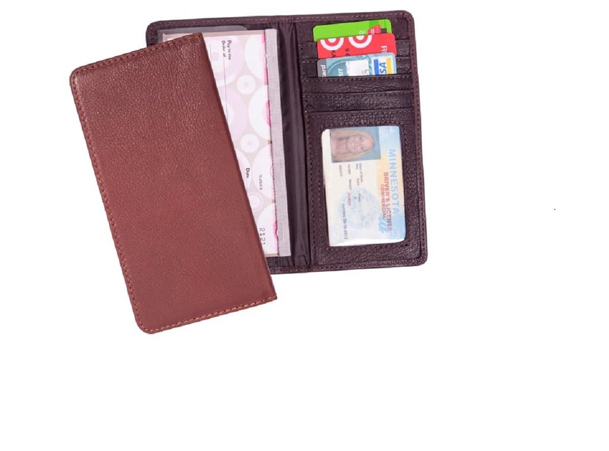 Unisex Leather Checkbook Cover Plastic carbon copy separator with Wallet Features- Brown