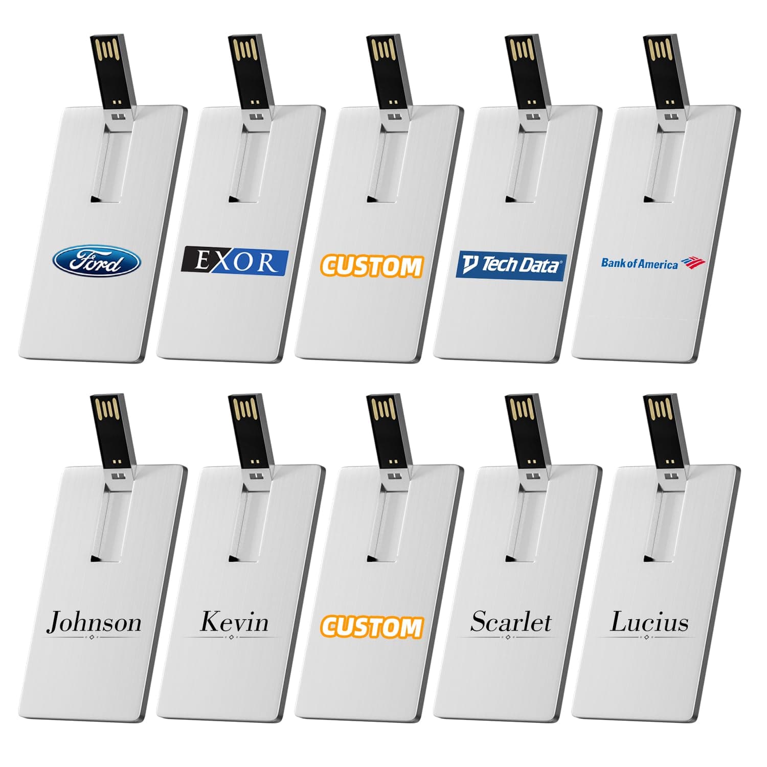 Custom Personalized USB Flash Drive 5Pack 4GB/8GB/16GB/32GB/64GB/128GB/256GB, Metal Credit Card Bank Card Shaped Thumb Drive, Waterproof Memory Stick Small Size USB Drive Gift