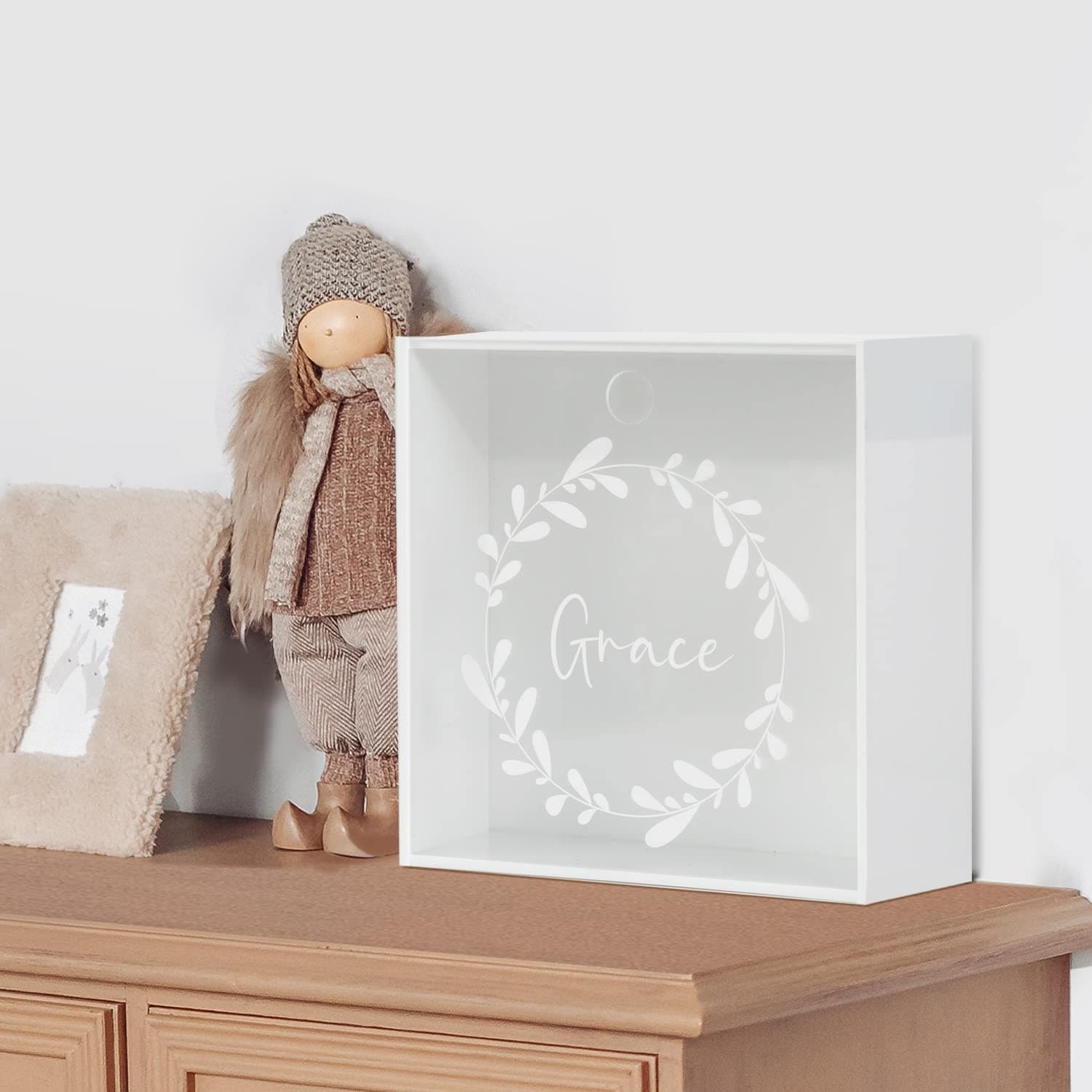 UNIQOOO White Acrylic Baby Memory Box, DIY Keepsake Box Storage Organizer, 8x8x3 in Clear Lid w/White Botanical Wreath for Baby Shower, Mother to be Gift, Pet Memorial Shadow Box