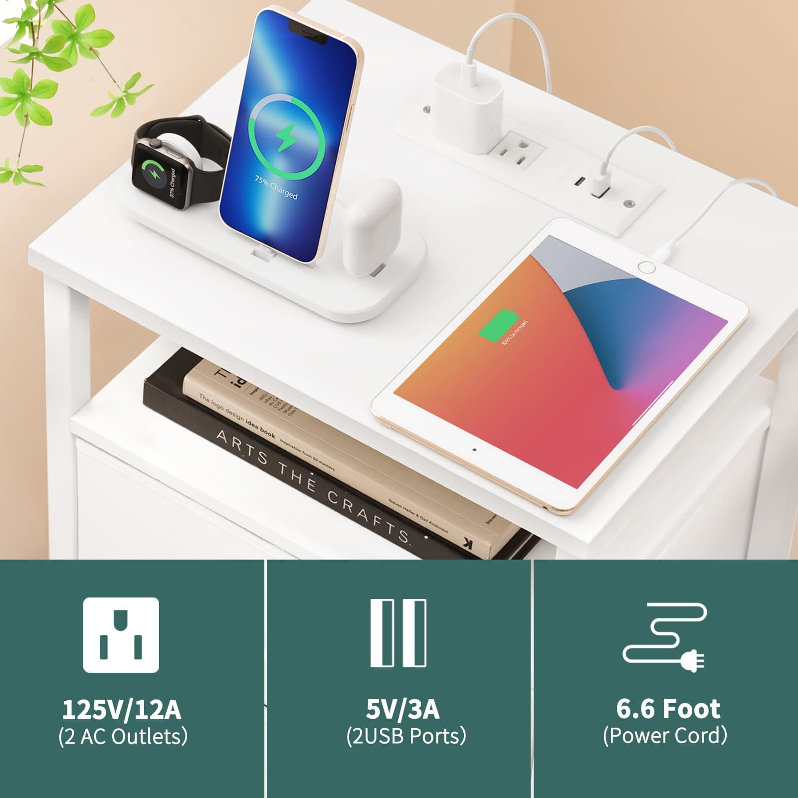 Yoobure - Bedside Table with Charging Station, 16 Colors LED with USB Ports and Outlets, Side Table with 3 Fabric Drawers and Storage Shelf, Small Nightstand Dresser for