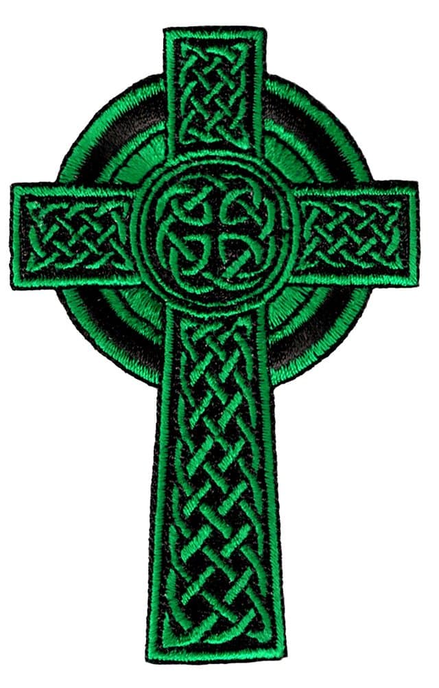 Celtic Cross Iron-On Patch Green Embroidered Relgious Gaelic Irish Crucifix Goth