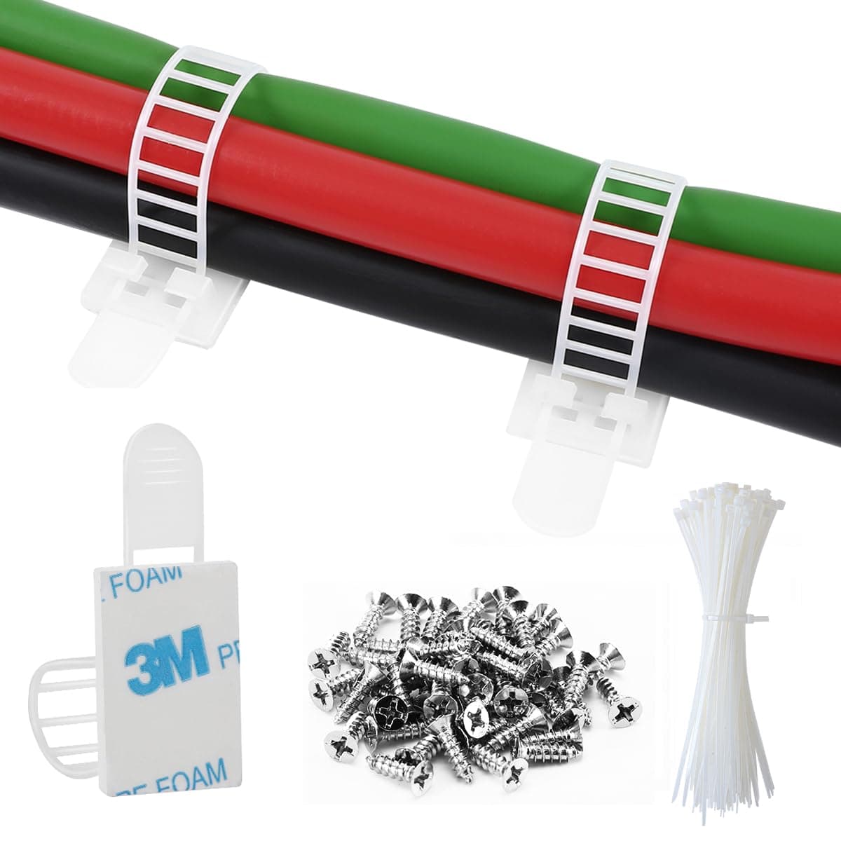 50Pcs Adhesive Cable Management Clips with 50Pcs Zip Ties, Adjustable Nylon Cable Strap Ties Wire Clips Clamps Organizer, Extra Screw & Hole - 3.35 Inch White